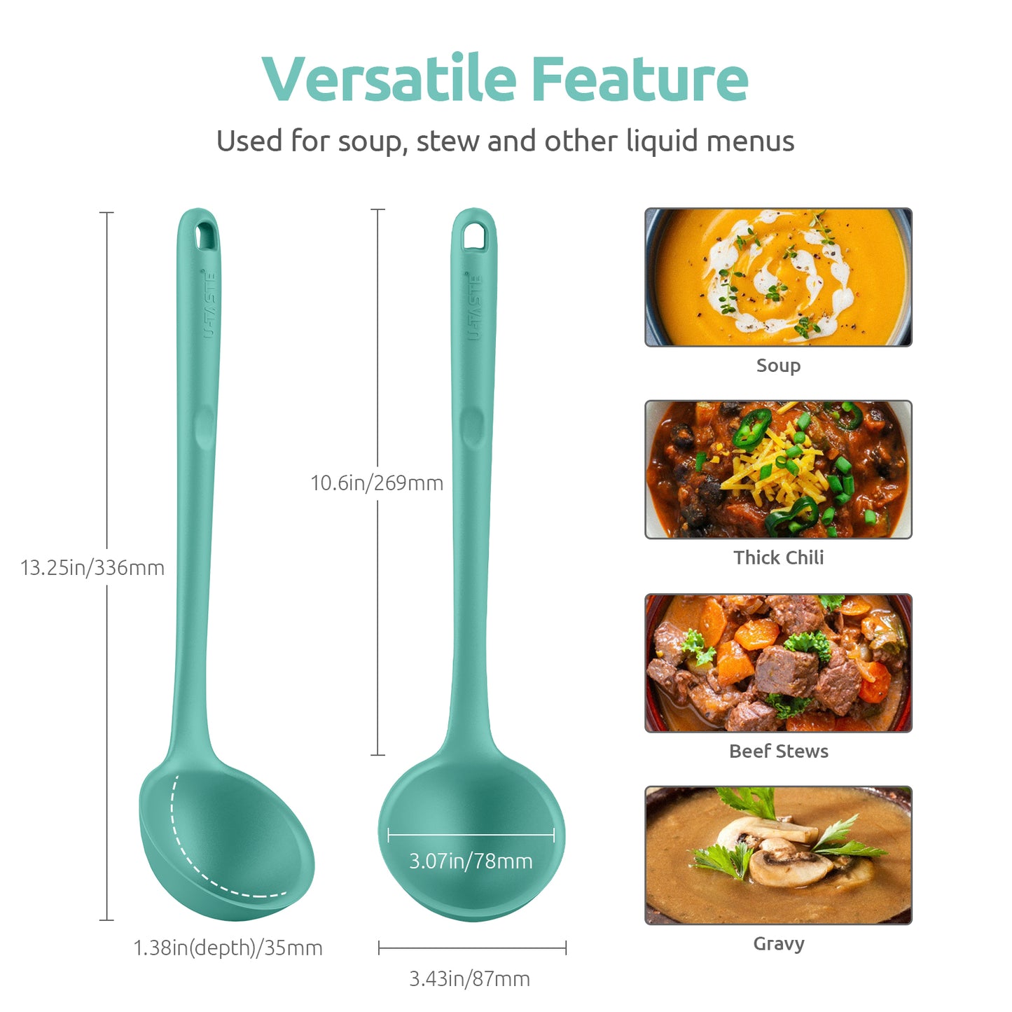 13 inch Heat Resistant Silicone Soup Ladle with Non-slip Solid Long Handle, 4 oz Large, Platinum-Cured