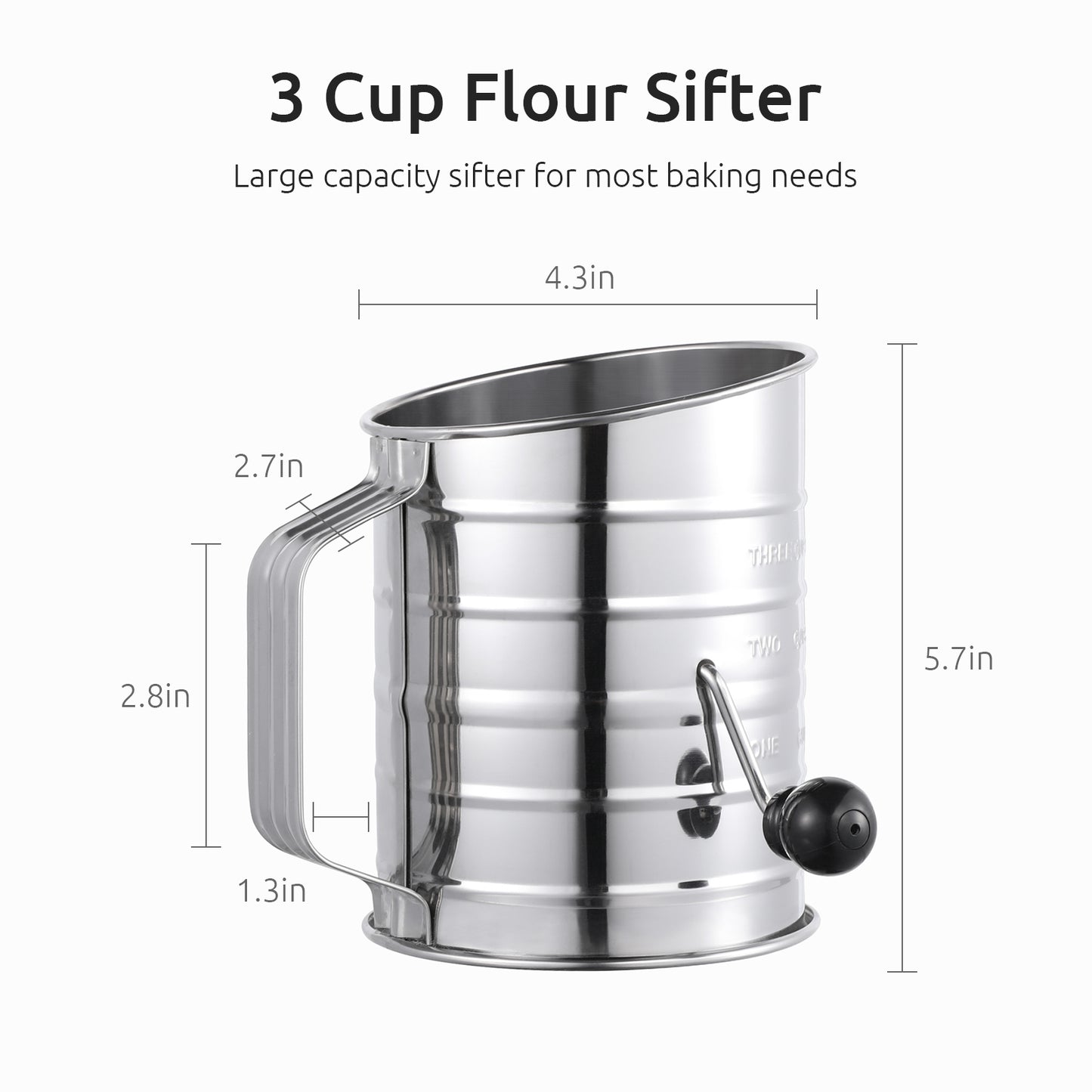 U-Taste Stainless Steel 3 Cup Flour Sifter with 4 Wire Agitators for Quick Sifting, 1 Cushion Ring, Crank Plastic Handle, Stamped Measurement, 20 Fine Mesh for Baking Flour, Powered Sugar