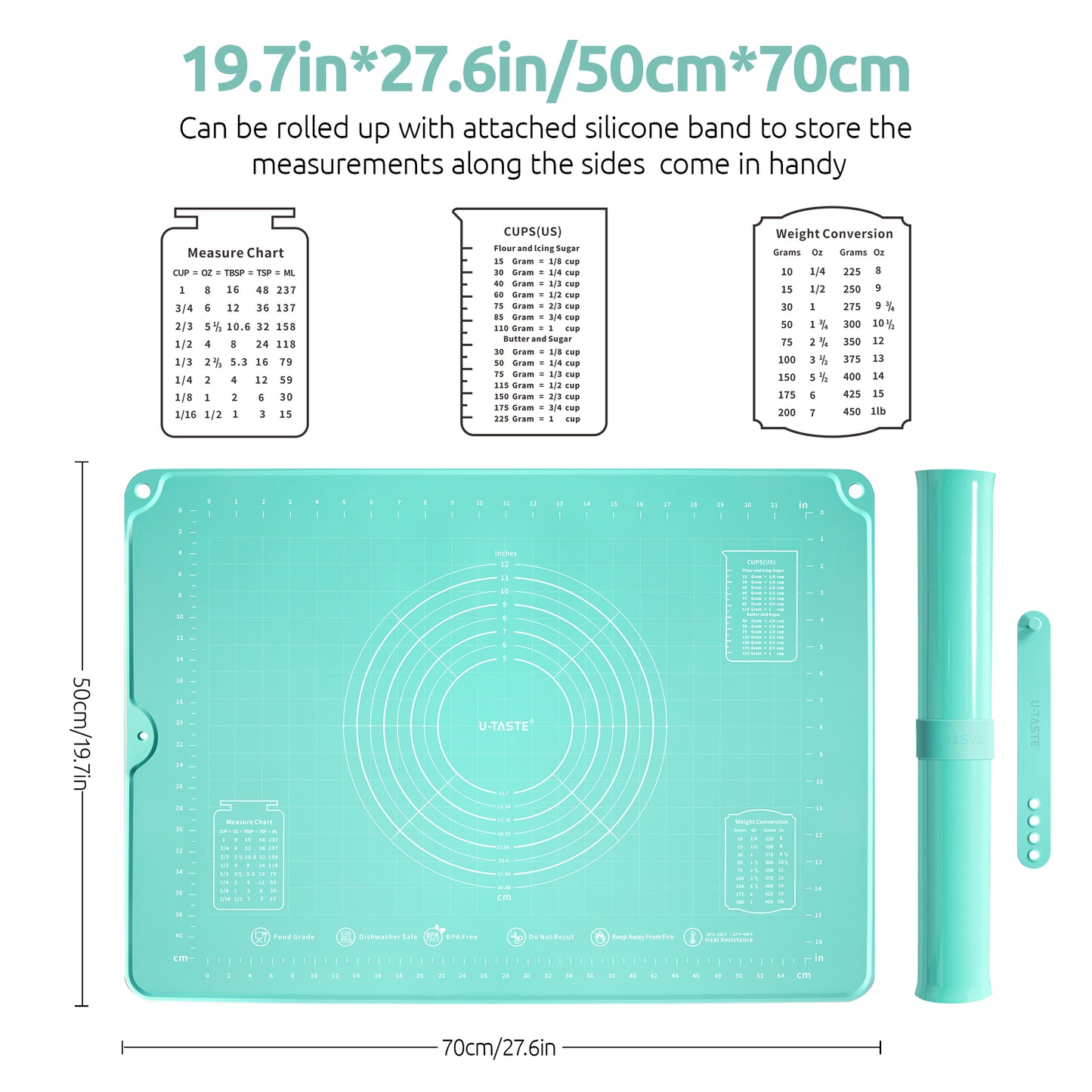 U-Taste Liquid Silicone Pastry Mat: 16"x20" Food-Grade Non-Stick Dough Rolling Baking Sheet, Non Slip for Kneading, Making Pizza, Fondant, Pie Crust with Clear Measurement and Raised Edges