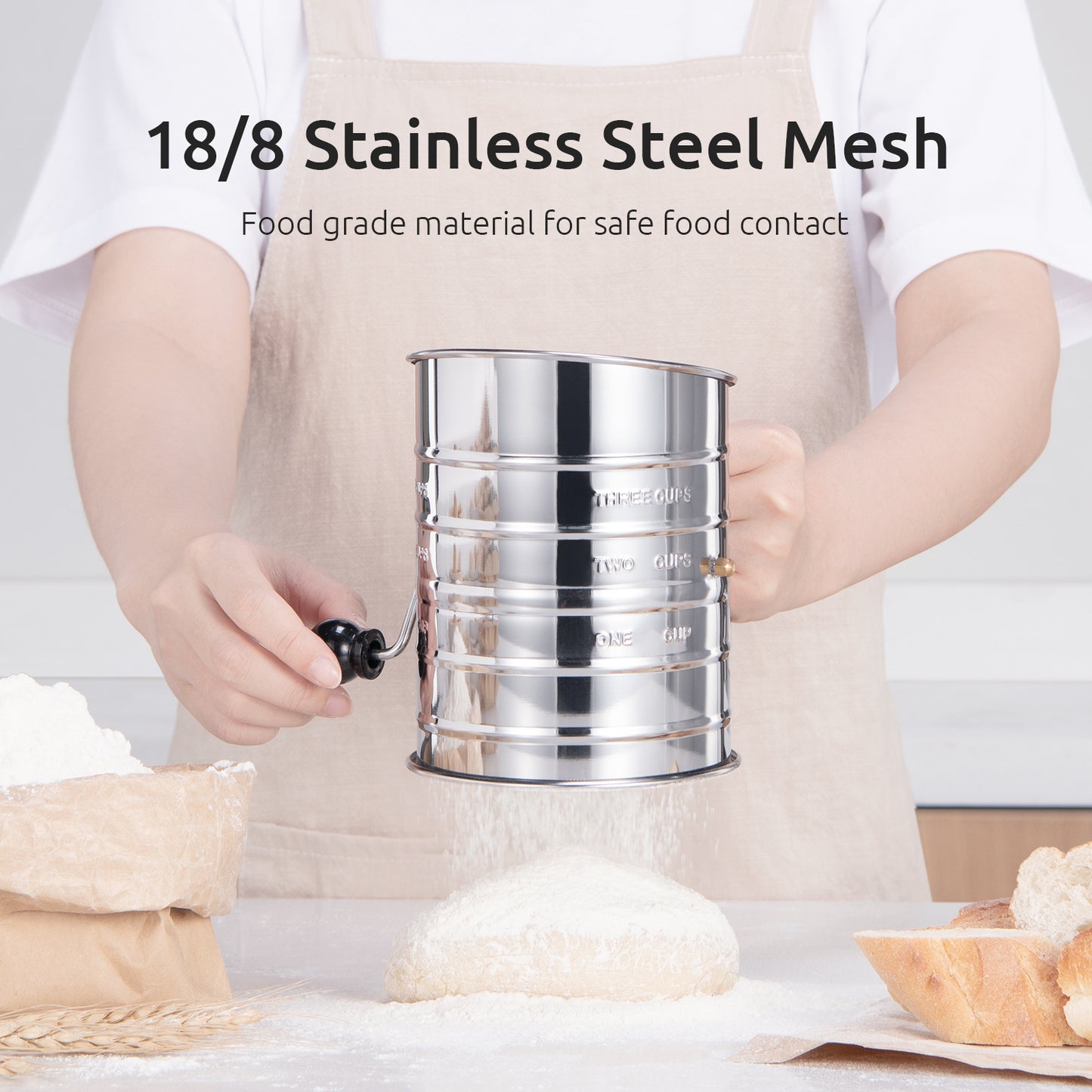 U-Taste Stainless Steel 3 Cup Flour Sifter with 4 Wire Agitators for Quick Sifting, 1 Cushion Ring, Crank Plastic Handle, Stamped Measurement, 20 Fine Mesh for Baking Flour, Powered Sugar