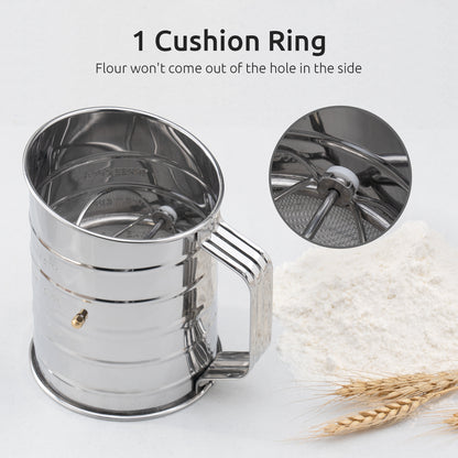 U-Taste Stainless Steel 3 Cup Flour Sifter with 4 Wire Agitators for Quick Sifting, 1 Cushion Ring, Crank Plastic Handle, Stamped Measurement, 20 Fine Mesh for Baking Flour, Powered Sugar