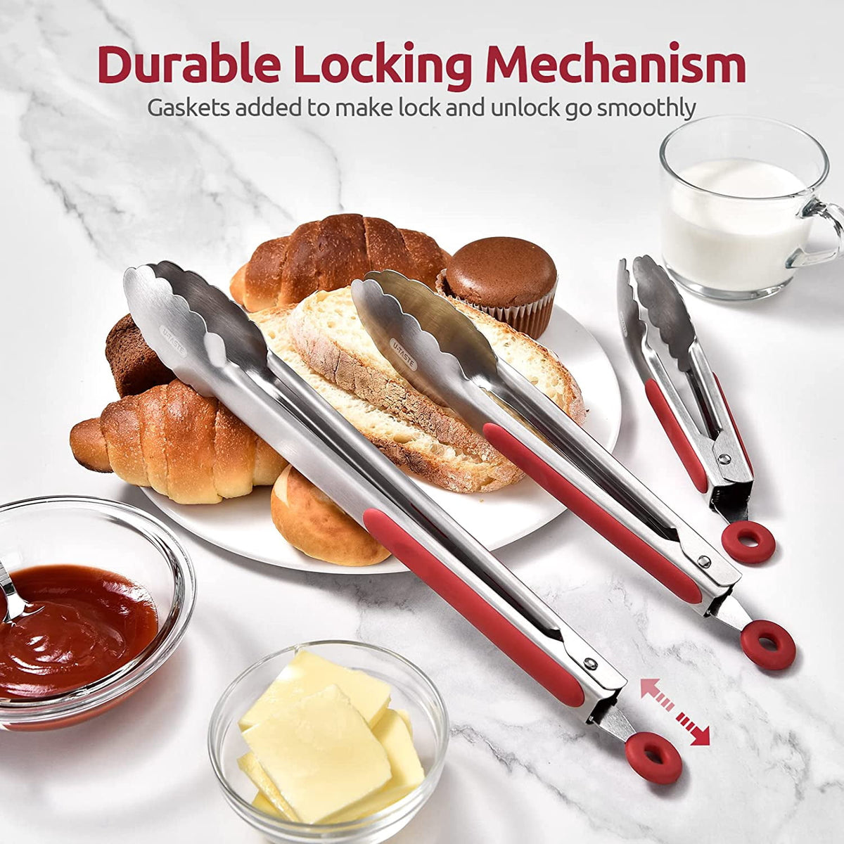 U-Taste 18/8 Stainless Steel Kitchen Tong for Cooking, Metal Tong Utensils Set for Food Serving, Rubber Salad/Grill/BBQ Tongs, 7/9/12in, Red