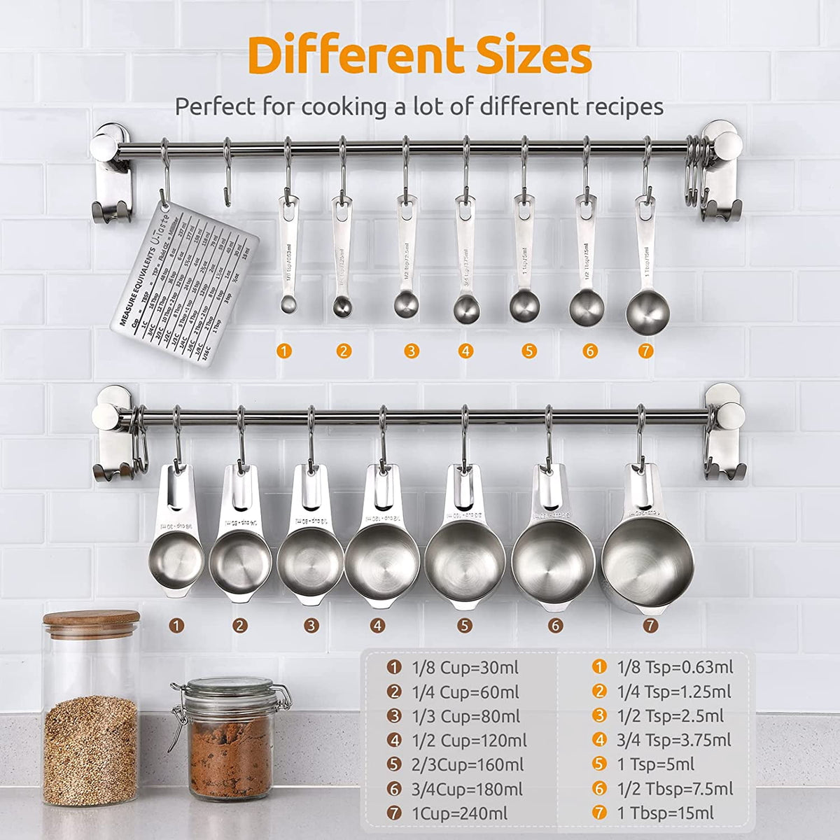 U-Taste Measuring Cups and Spoons Set, 18/8 Stainless Steel Kitchen Gadgets (7 Metal Measure Cups, 7 Measuring Spoons, 1 Magnetic Conversion Chart)