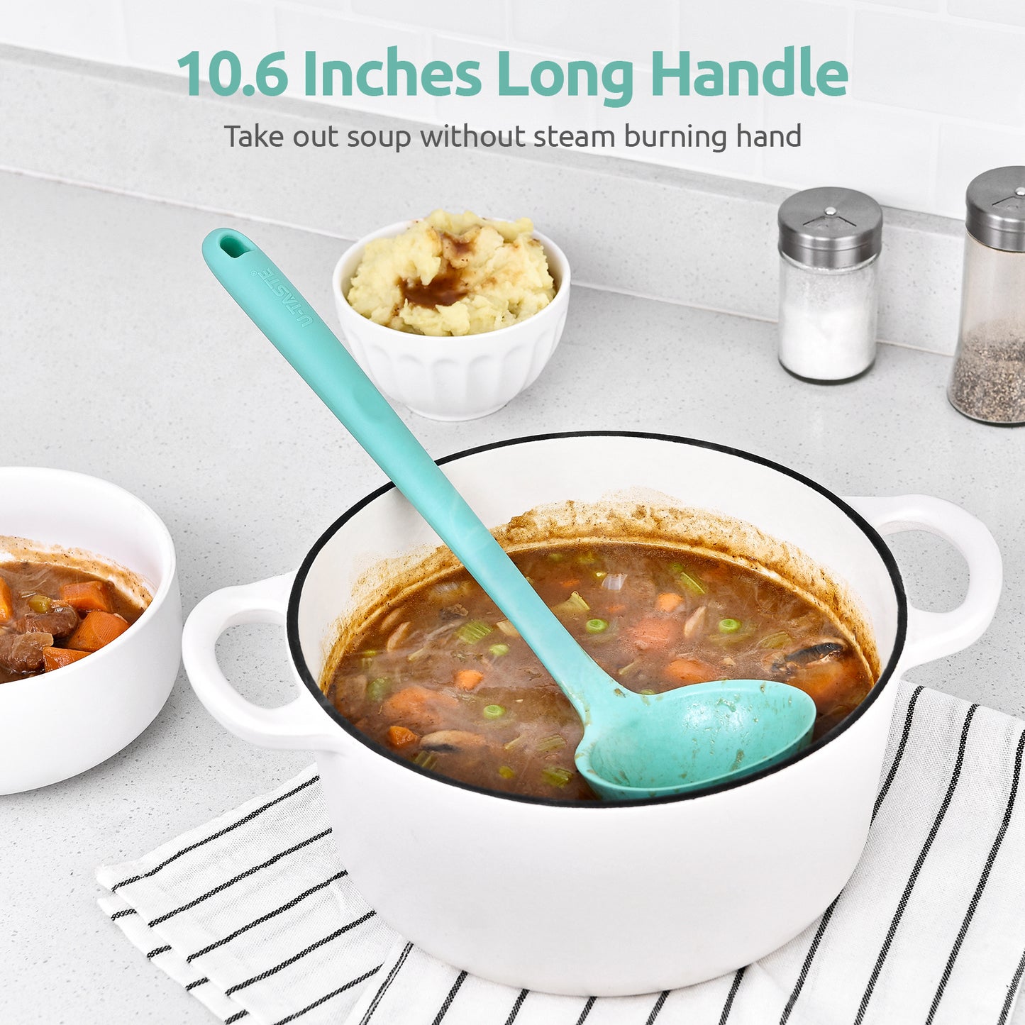 13 inch Heat Resistant Silicone Soup Ladle with Non-slip Solid Long Handle, 4 oz Large, Platinum-Cured