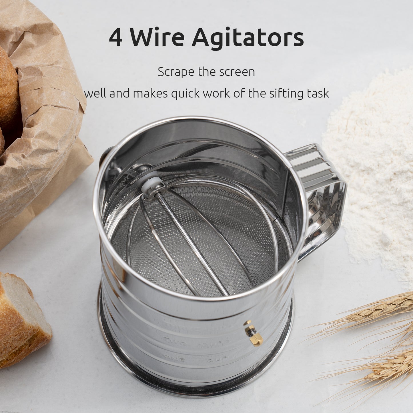 U-Taste Stainless Steel 3 Cup Flour Sifter with 4 Wire Agitators for Quick Sifting, 1 Cushion Ring, Crank Plastic Handle, Stamped Measurement, 20 Fine Mesh for Baking Flour, Powered Sugar