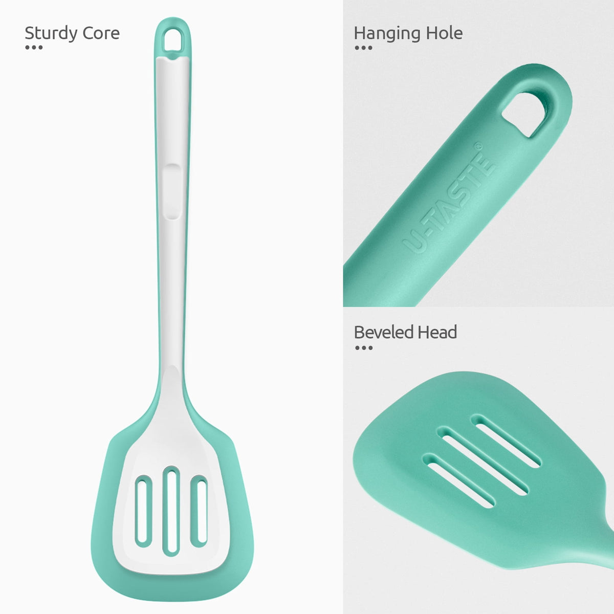 U-Taste 600°F Heat Resistant Silicone Turner, Slotted Kitchen Spatula Cooking Utensil for Flipping Egg Pancake, 13.6" Long/3.7" Wide, Aqua Sky