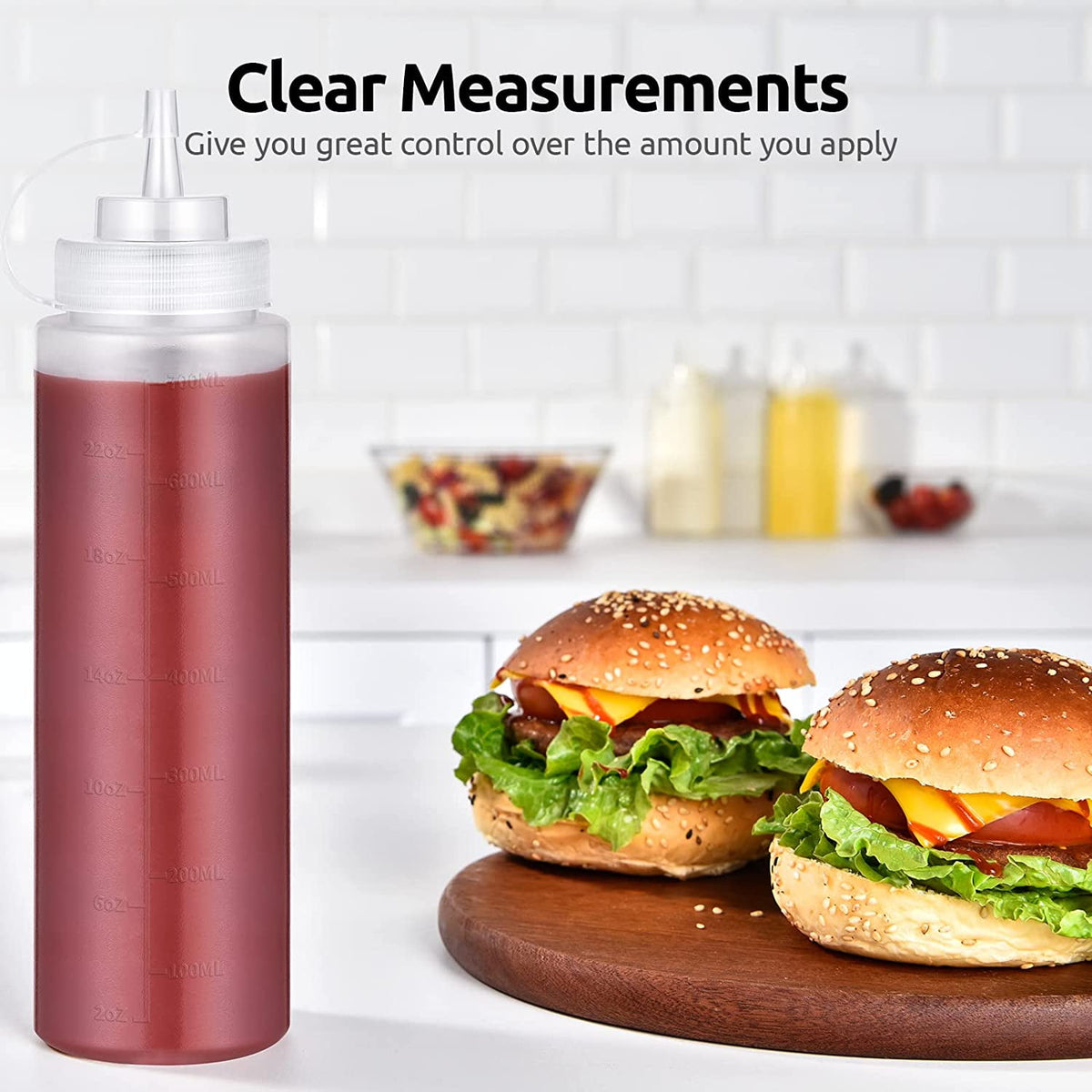 U-Taste Condiment Squeeze Bottles, Food Grade Plastic Sauce Container Squirt Bottle, Leakproof Oil Dispenser for Ketchup BBQ Salad Dressing, 24oz/6pcs
