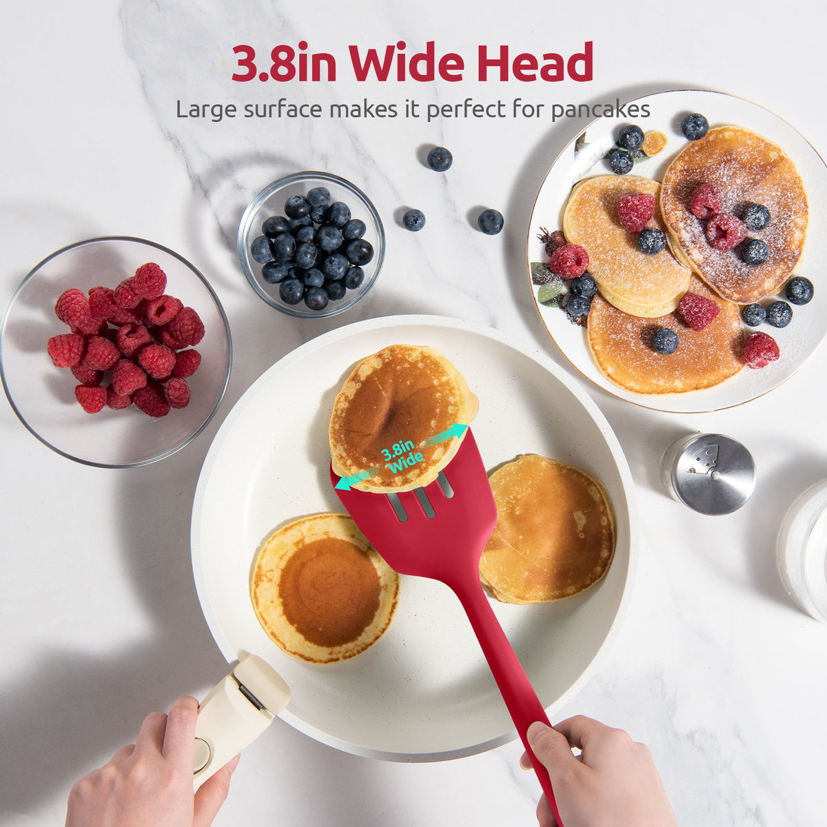 600°F Heat Resistant Slotted Turner: U-Taste 13.6in Silicone Kitchen Spatula Flipper, 3.85in Wide BPA Free Flexible Thin Rubber Cooking Utensil for Egg, Pancake, Cookie in Nonstick Cookware (Red)