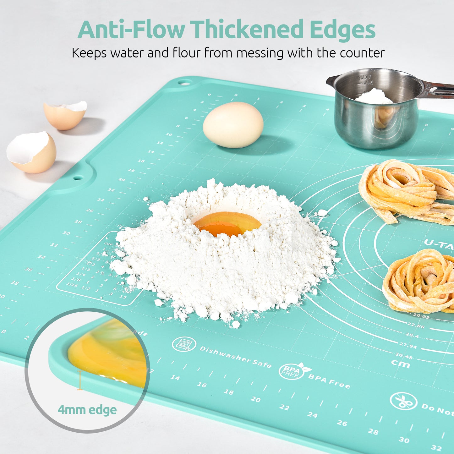 U-Taste Liquid Silicone Pastry Mat: 16"x20" Food-Grade Non-Stick Dough Rolling Baking Sheet, Non Slip for Kneading, Making Pizza, Fondant, Pie Crust with Clear Measurement and Raised Edges