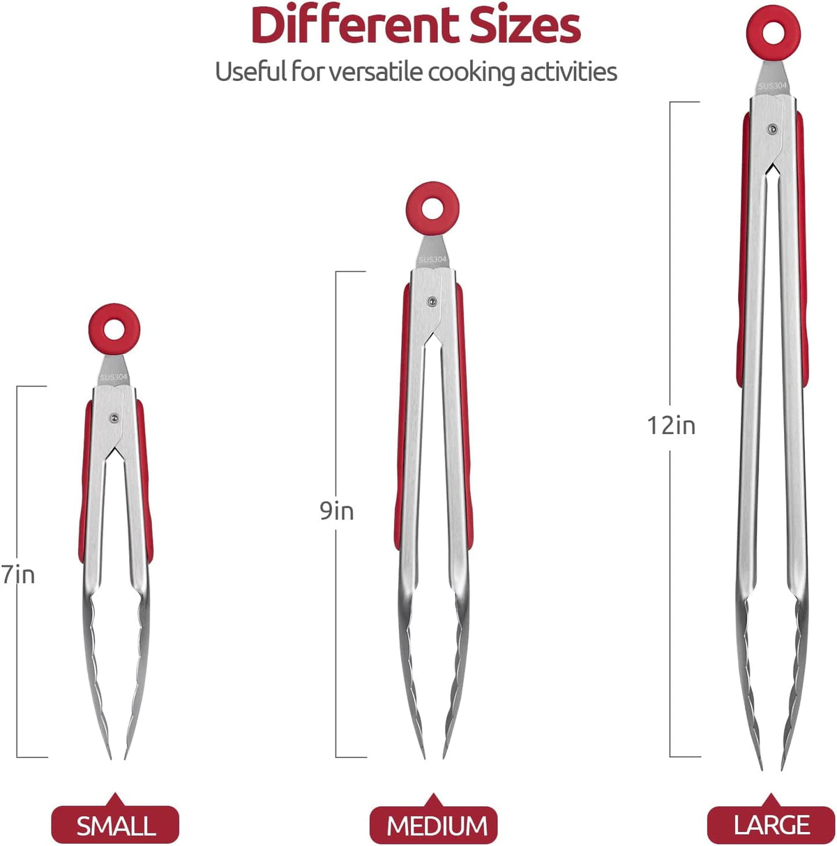 U-Taste 18/8 Stainless Steel Kitchen Tong for Cooking, Metal Tong Utensils Set for Food Serving, Rubber Salad/Grill/BBQ Tongs, 7/9/12in, Red