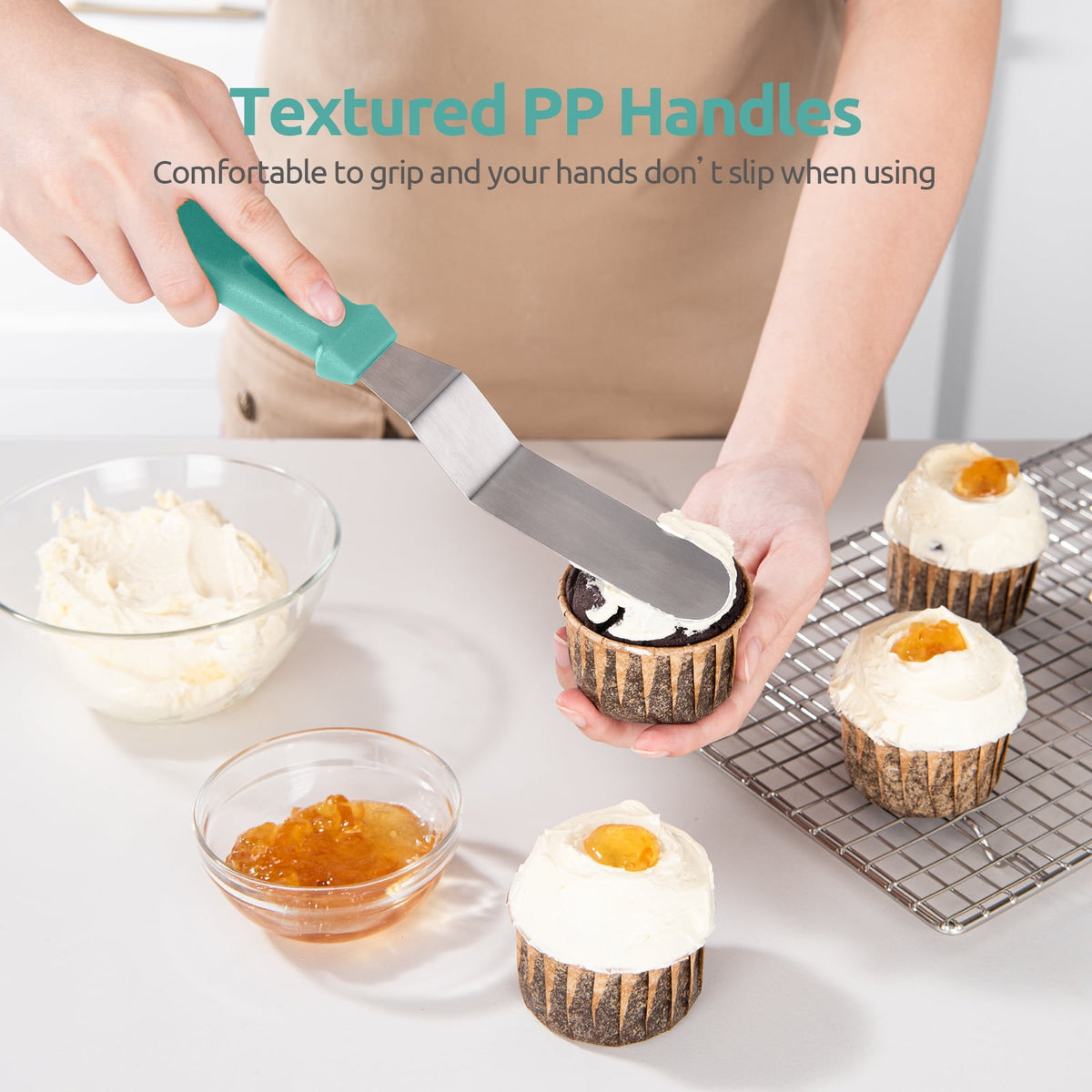 U-Taste Offset Icing Spatula Set of 3, Cake Frosting Spreader, 420 Stainless Steel Angled Spatula with 6/8/10in Blade for Cake Decorating, Aqua Sky