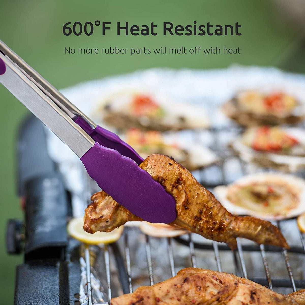 U-Taste 600ºF Heat-Resistant Kitchen Tongs for Cooking, Silicone Tong Utensils Set for Food Serving, Rubber Salad/Grill/BBQ Tongs, 7/9/12in, Purple