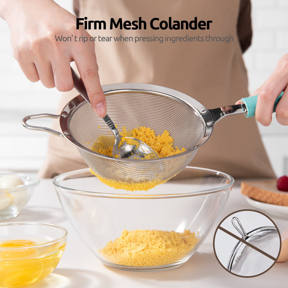 U-Taste 18/8 Stainless Steel Mesh Strainer, 30 Mesh Fine Sieve Food Strainer, Kitchen Colander for Straining Quinoa/Flour/Pasta/Fruit, 5.5in, Aqua Sky