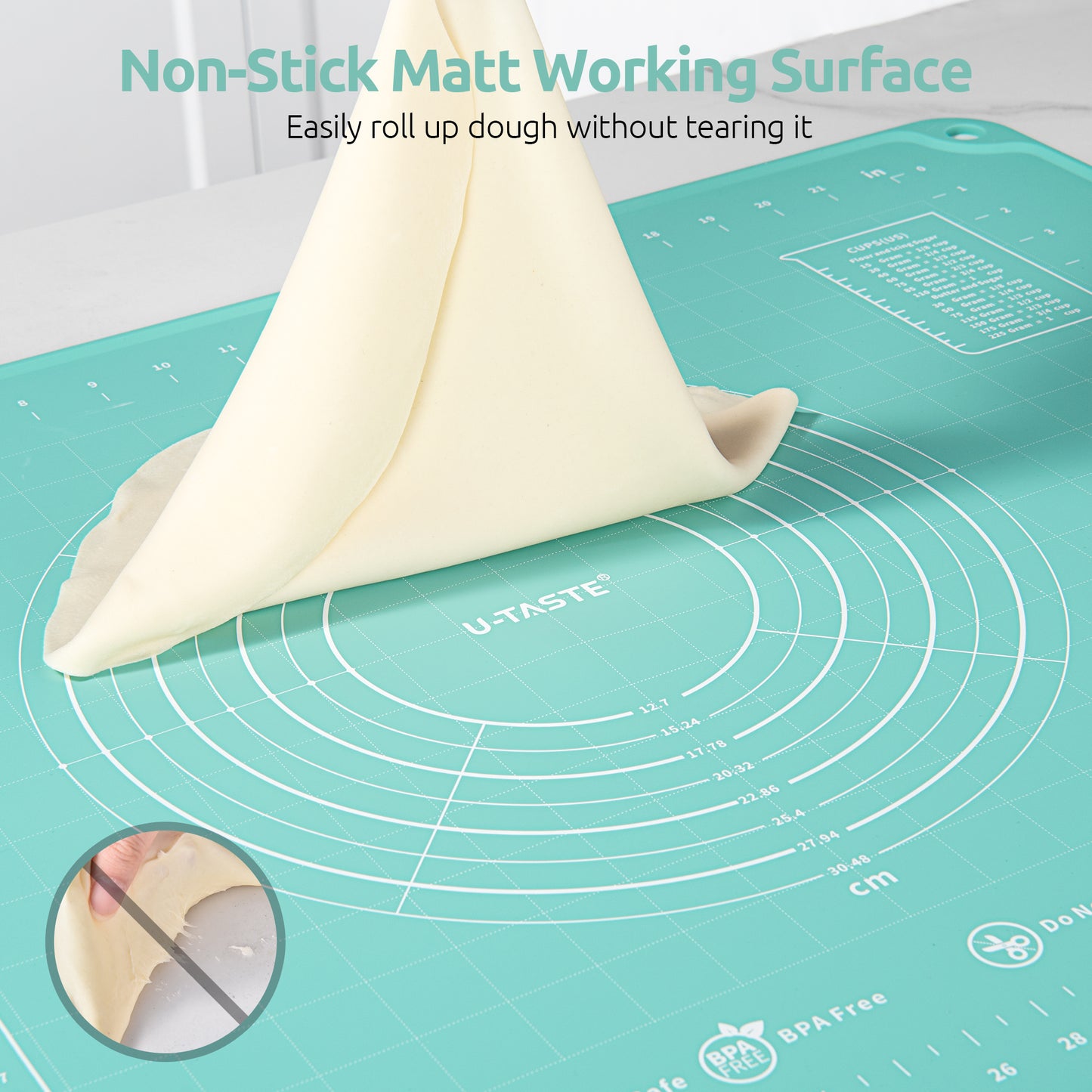 U-Taste Liquid Silicone Pastry Mat: 16"x20" Food-Grade Non-Stick Dough Rolling Baking Sheet, Non Slip for Kneading, Making Pizza, Fondant, Pie Crust with Clear Measurement and Raised Edges