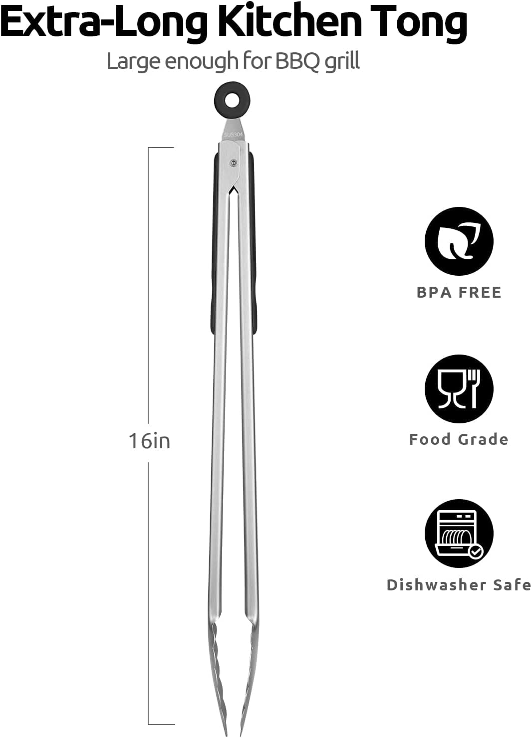 U-Taste 18/8 Stainless Steel Kitchen Tong for Cooking, Extra Long Large Food Tong for Outdoor BBQ Grilling, Non Slip Silicone Handle, 16in, Black