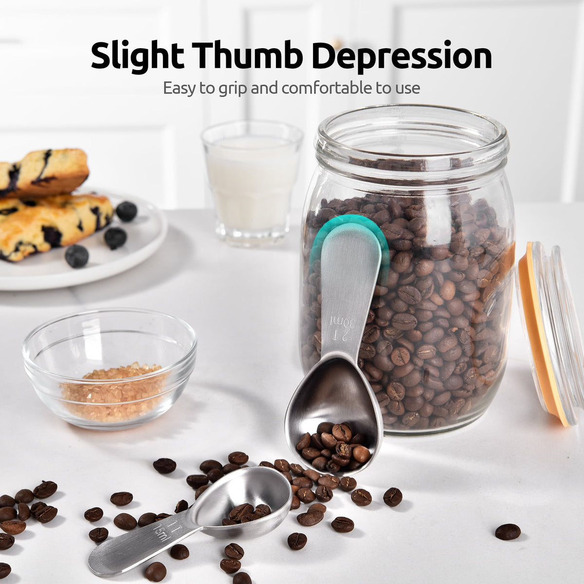 U-Taste 18/8 Stainless Steel Coffee Scoop, Durable Metal Measuring Spoon for Ground Coffee Bean, Short Handle Tablespoon Scooper, 1 & 2 Tbsp Scoop