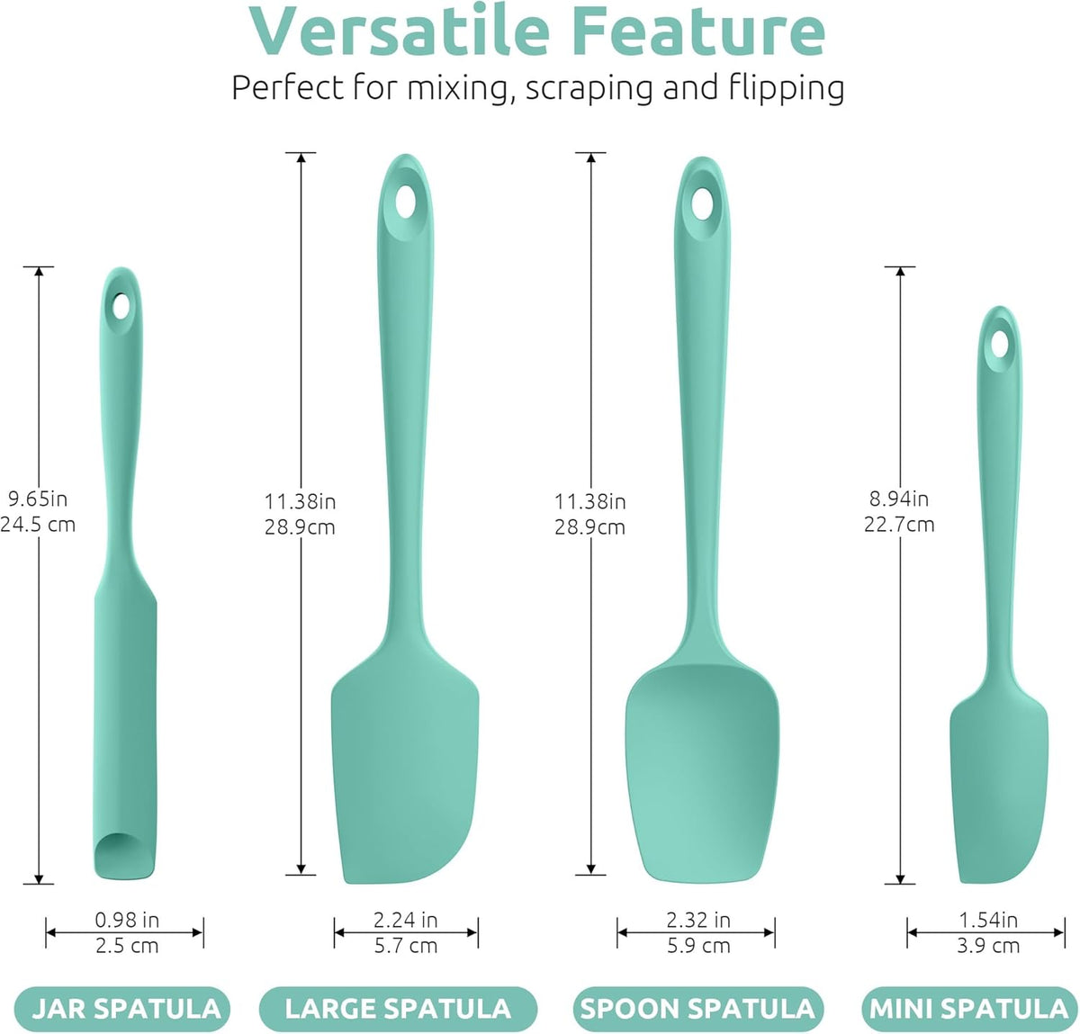 U-Taste 600ºF Heat Resistant Silicone Spatulas Set, Food Grade Baking Scraper Kitchen Cooking Utensils, Upgraded Sturdy Handle, 4Pcs, Aqua Sky