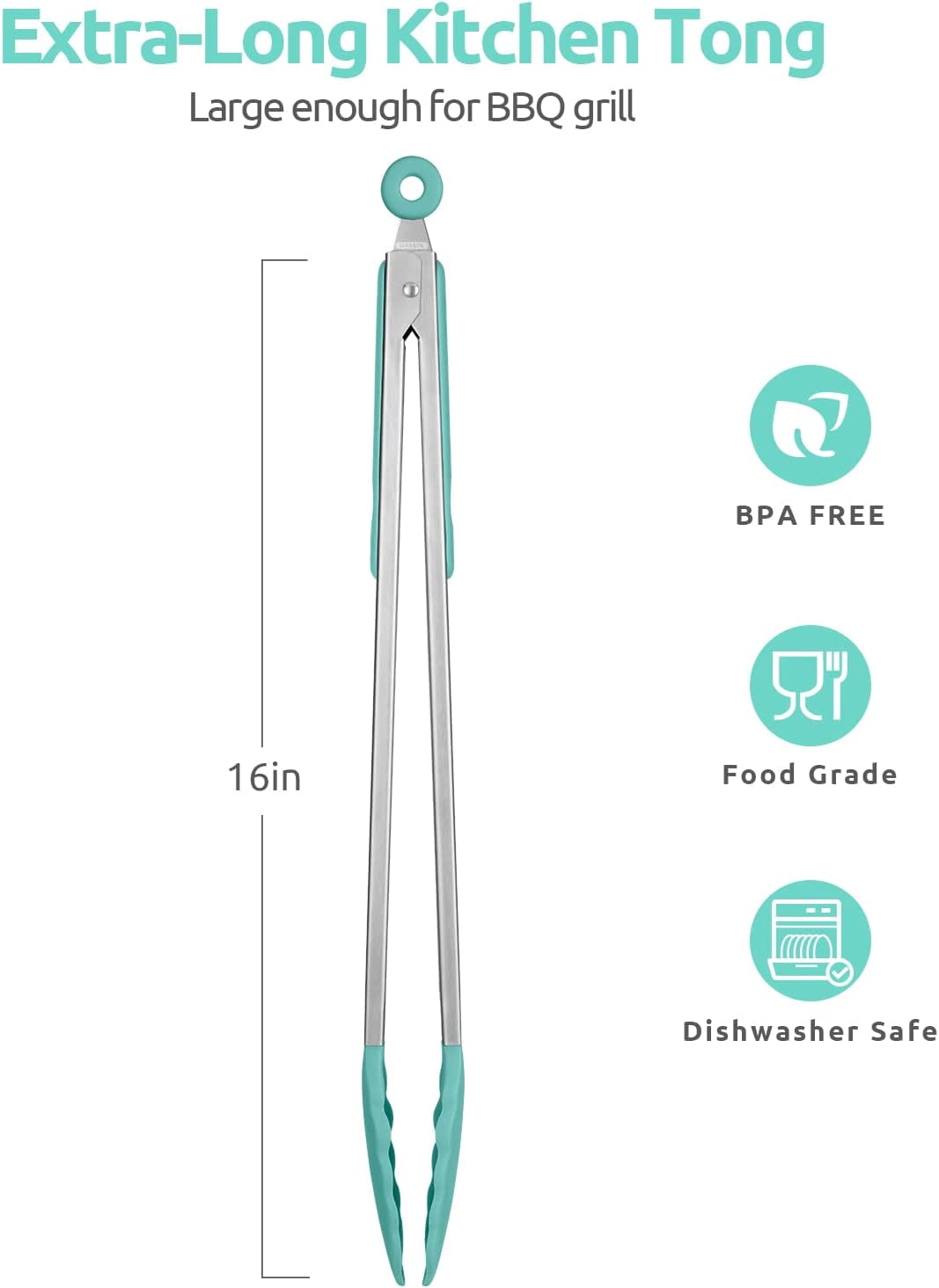 U-Taste Kitchen Tong for Cooking, 480ºF Heat-Resistant Silicone Tips, Extra Long Large Food Tong for Outdoor BBQ Grilling Grabbing, 16in, Aqua Sky