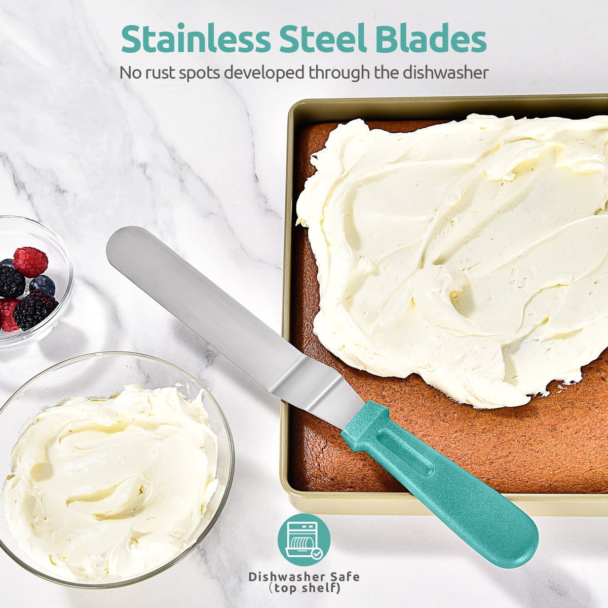 U-Taste Offset Icing Spatula Set of 3, Cake Frosting Spreader, 420 Stainless Steel Angled Spatula with 6/8/10in Blade for Cake Decorating, Aqua Sky