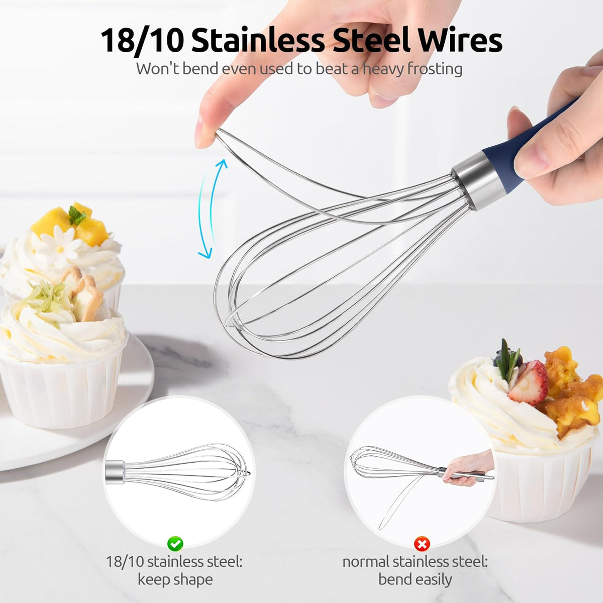 U-Taste Kitchen Wire Whisk for Cooking, 18/10 Stainless Steel Egg Beater with 6 Wires, Baking Tool for Whisking Mixing Stirring, Small, Midnight Blue