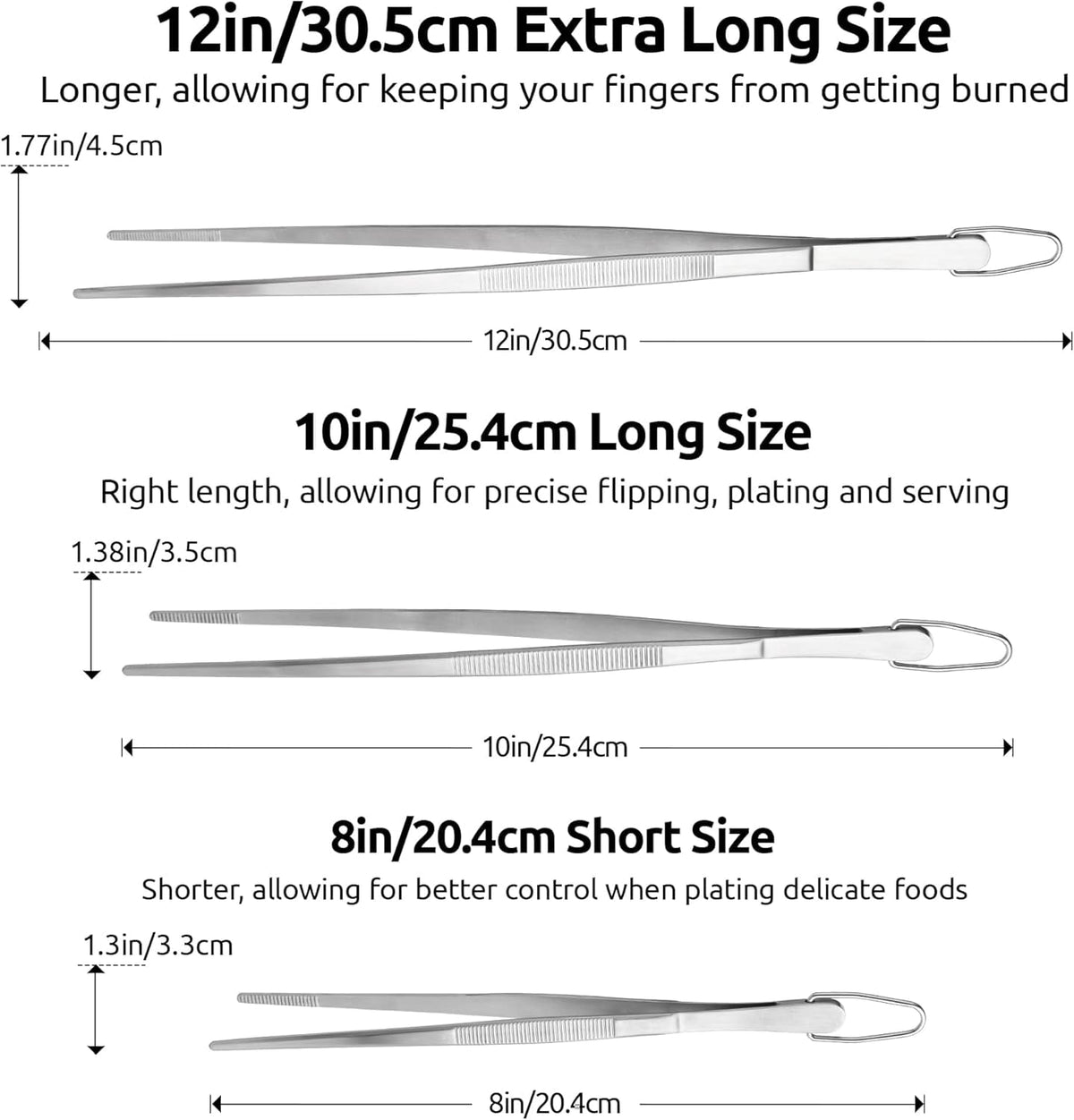 U-Taste Kitchen Cooking Tweezers, 18/8 Stainless Steel Food Grade Metal Food Tong, Non Slip Tips for Plating Serving Grilling, 8+10+12in/Pointed Tip