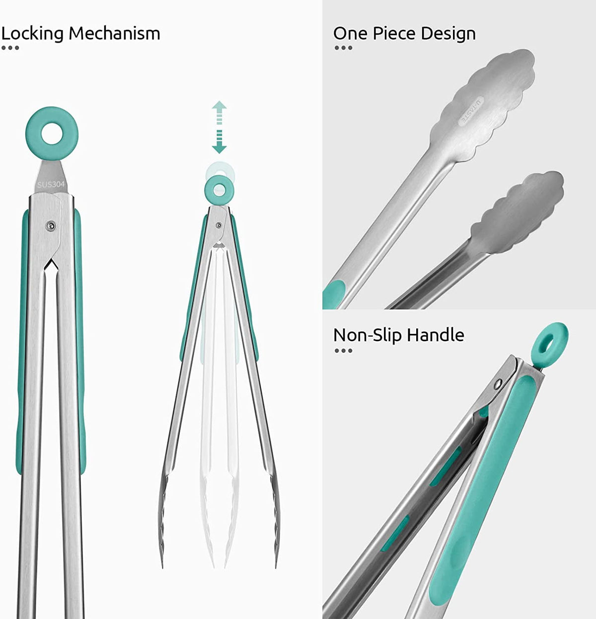 U-Taste 18/8 Stainless Steel Kitchen Tong for Cooking, Long Large Metal Tong for Serving Food Grilling BBQ, Non Slip Silicone Handle, 12in, Aqua Sky