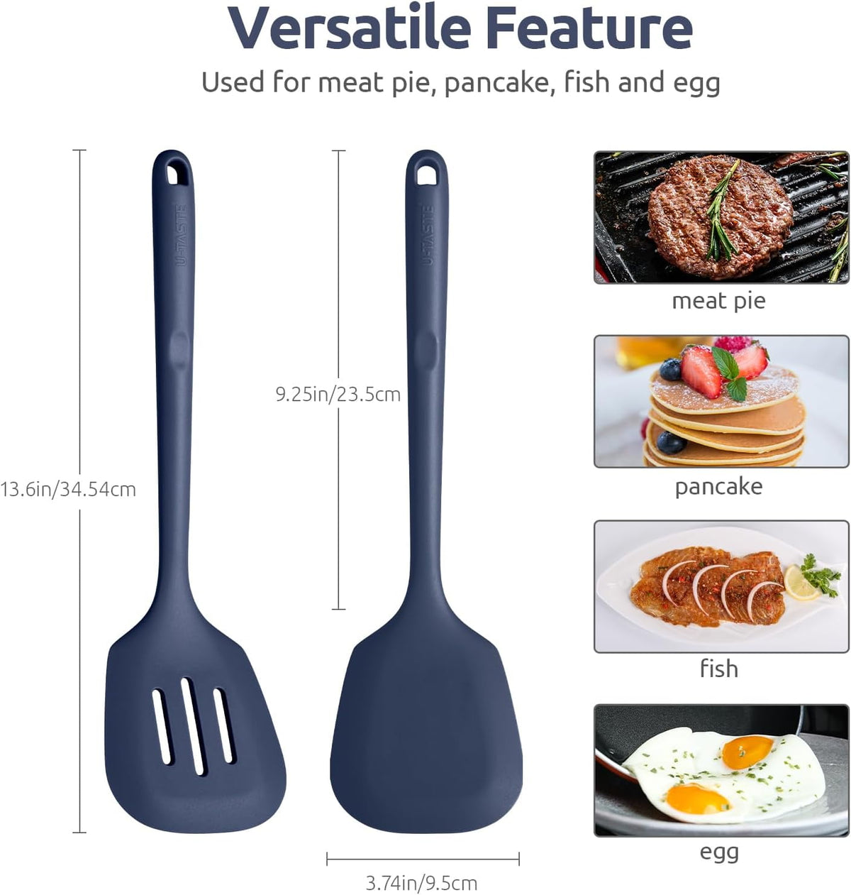 U-Taste 600°F Heat Resistant Silicone Turner Spatula Set of 2, Kitchen Cooking Utensils for Flipping Egg Pancake, 13.6" Long/3.7" Wide, Midnight Blue