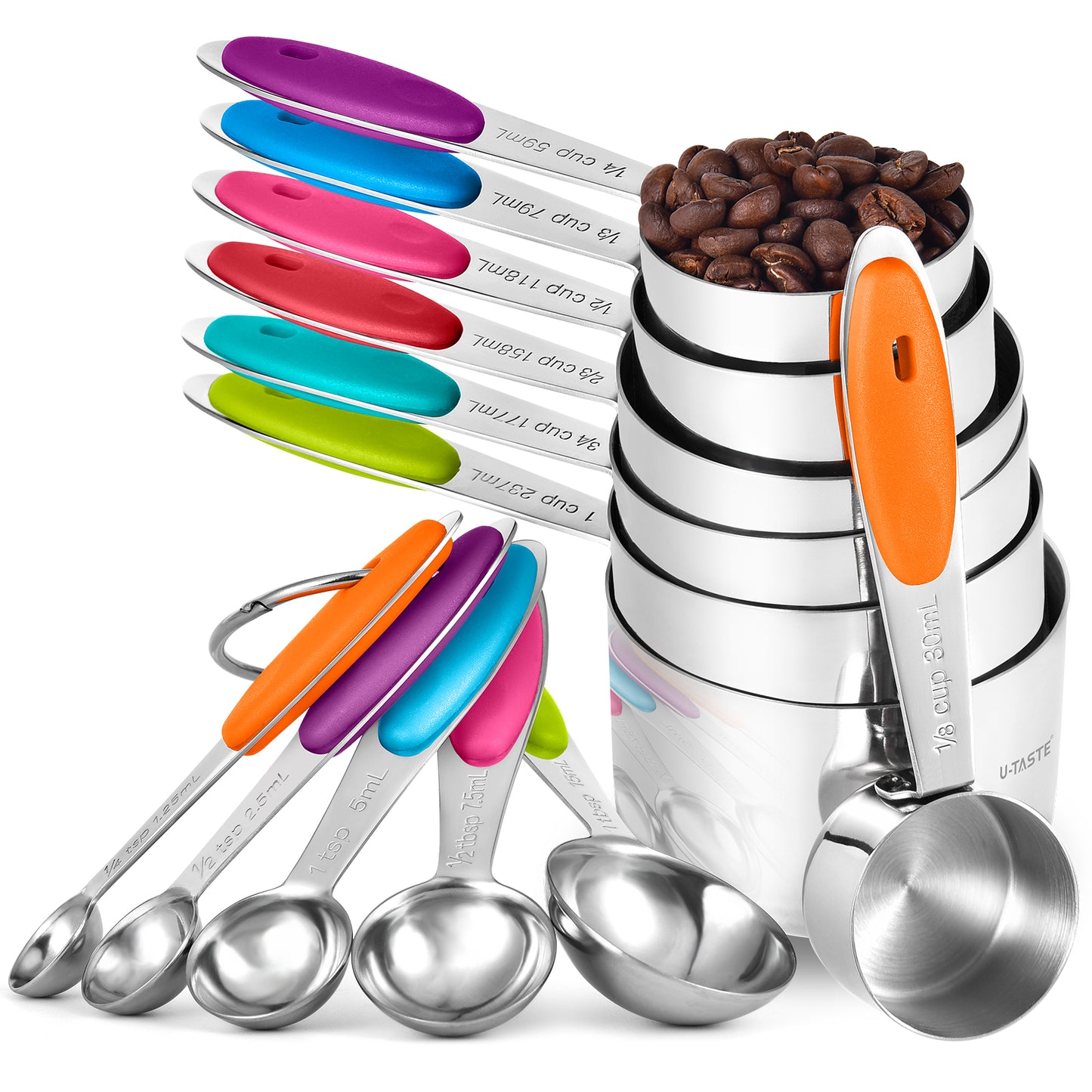 12 Piece Measuring Cups and Spoons Set in 18/8 Stainless Steel : 7 Measuring Cups & 5 Measuring Spoons