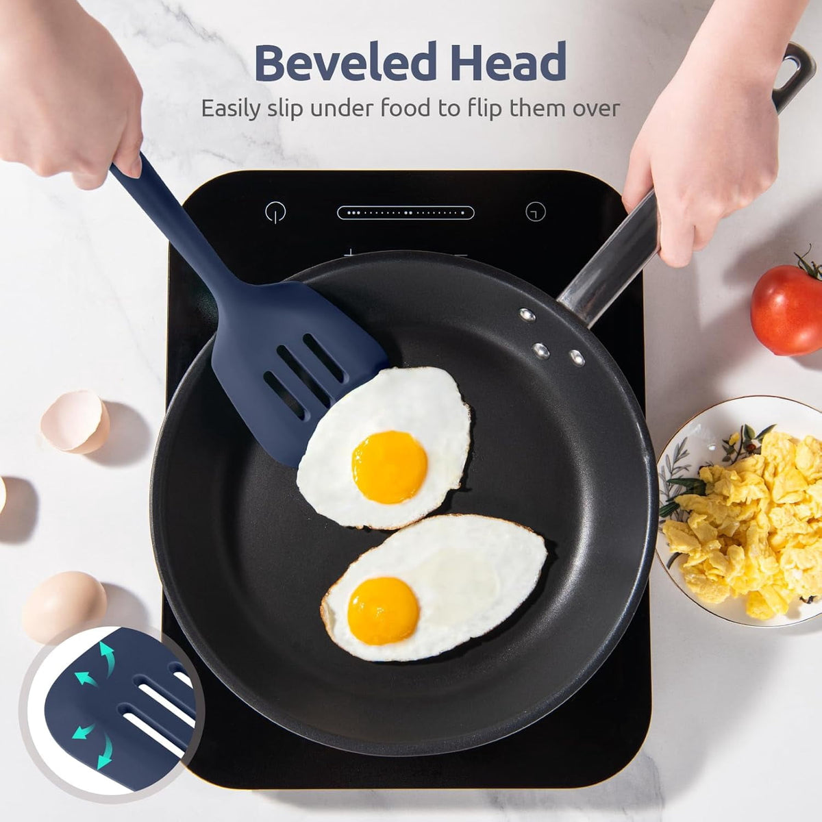 U-Taste 600°F Heat Resistant Silicone Turner Spatula Set of 2, Kitchen Cooking Utensils for Flipping Egg Pancake, 13.6" Long/3.7" Wide, Midnight Blue