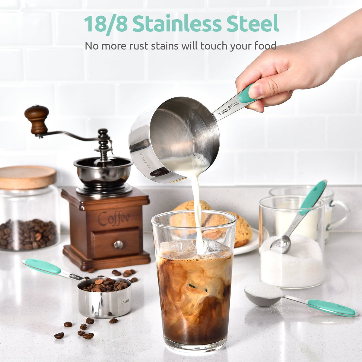U-Taste 18/8 Stainless Steel Measuring Cups and Spoons Set, Metal Stacking Measure Set for Baking Cooking, Reinforced Welded Joints, 10Pcs, Aqua Sky