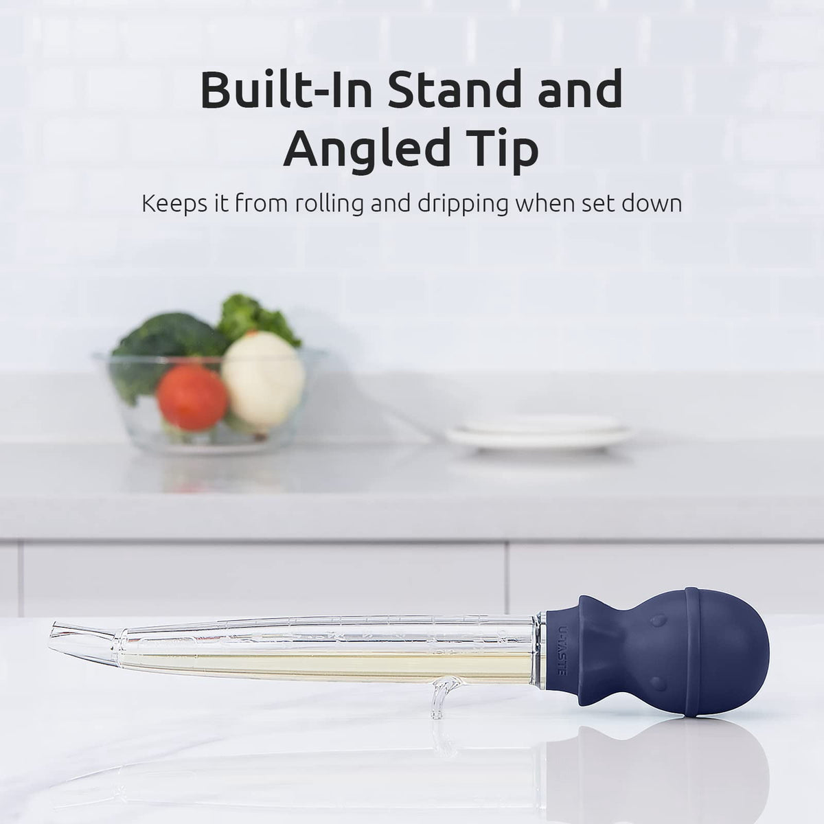 U-Taste 1.5oz Angled Turkey Baster for Cooking, 228.2°F Heat Resistant Food Grade Tritan & Silicone Octopus Bulb Baster, a Cleaning Brush, Navy Blue