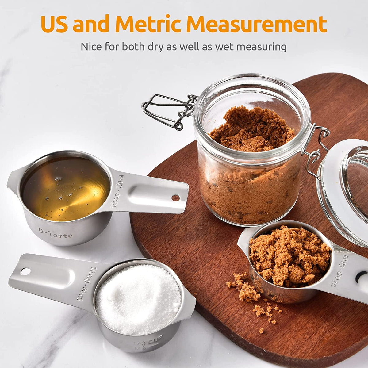 U-Taste Metal Measuring Cups Set of 7, 18/8 Stainless Steel Kitchen Gadgets for Cooking Baking Dry and Liquid Ingredients, Stackable Nesting Design