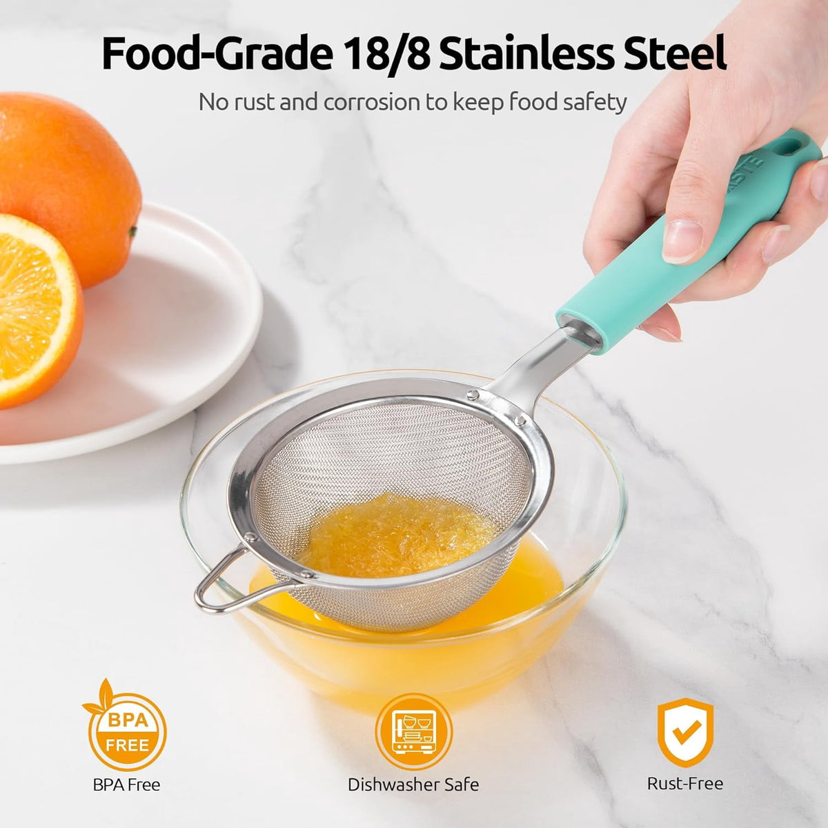 U-Taste Fine Mesh Strainer, 18/8 Stainless Steel Tea Coffee Strainer, Mini Small Fine Sieve, Metal Colander for Loose Tea/Juice/Pulp/Matcha, Aqua Sky