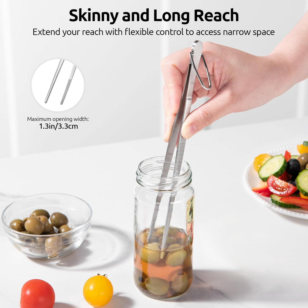 U-Taste Kitchen Cooking Tweezers, 18/8 Stainless Steel Food Grade Metal Food Tong Set, Non Slip Tips for Plating Serving Grill, 8in/Round+Pointed Tip