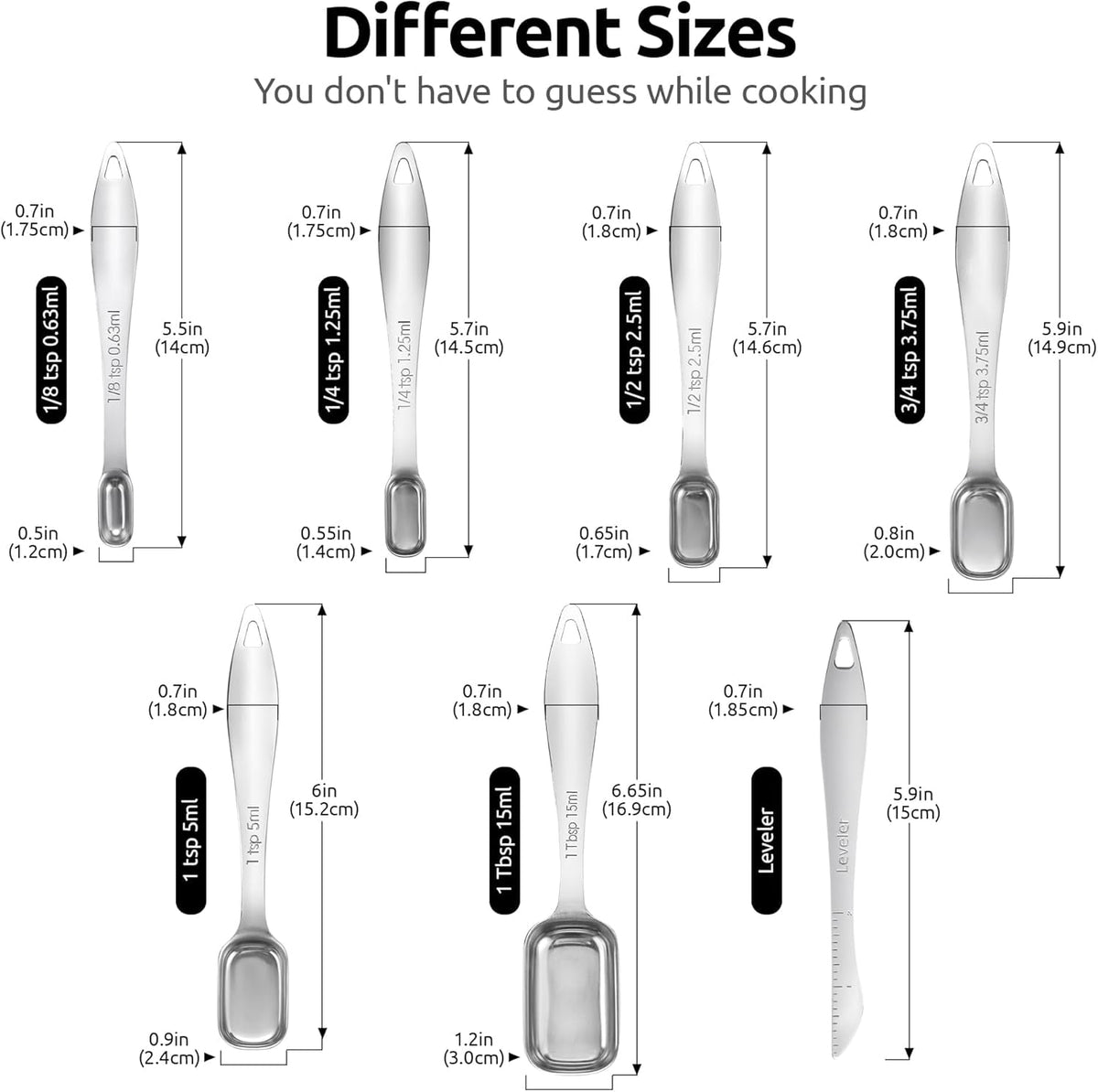 U-Taste Narrow Square Measuring Spoons Set of 7, 18/8 Stainless Steel Measure Teaspoon Tablespoon with Leveler, Rectangular Jar Scoop for Spice Jars