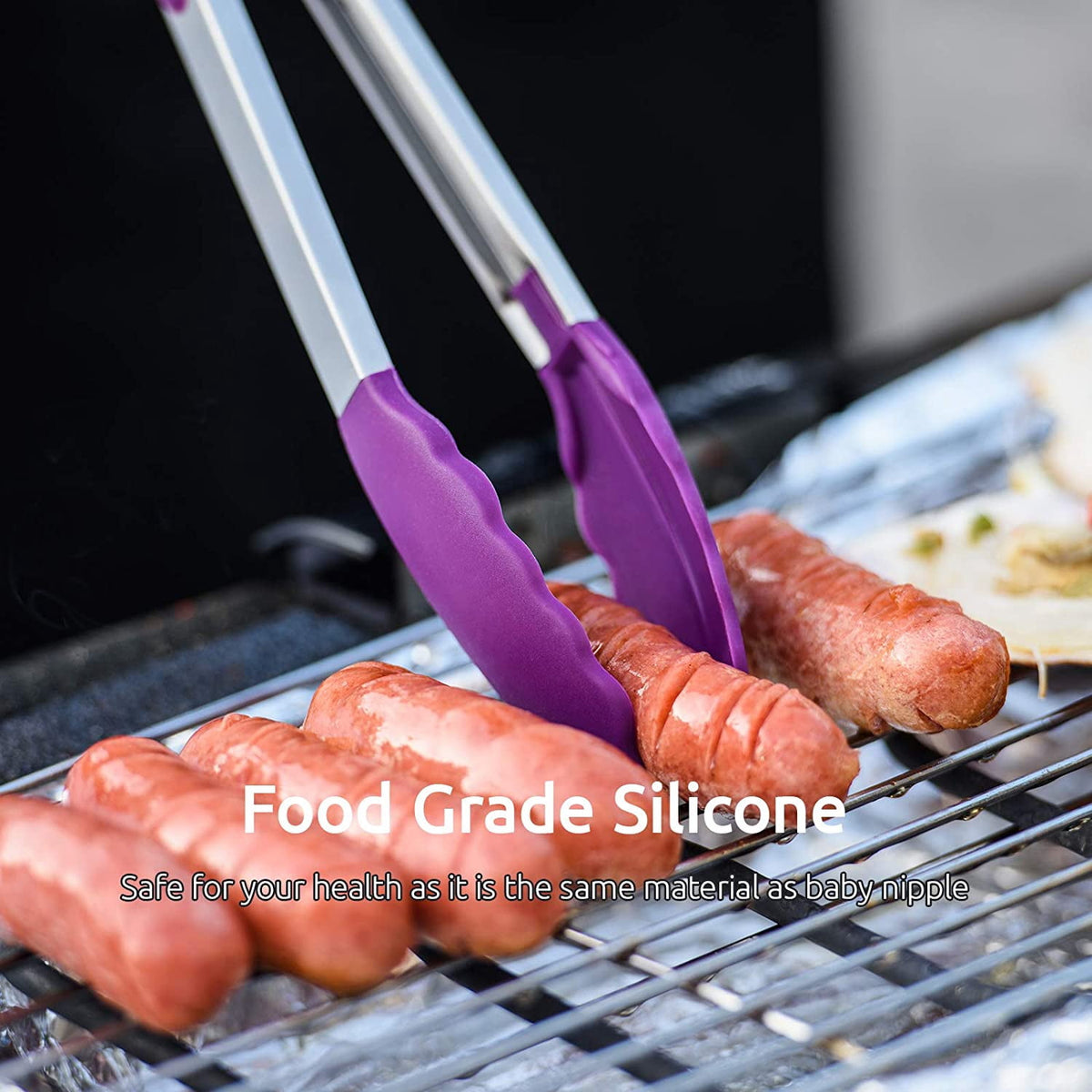 U-Taste 600ºF Heat-Resistant Kitchen Tongs for Cooking, Silicone Tong Utensils Set for Food Serving, Rubber Salad/Grill/BBQ Tongs, 7/9/12in, Purple