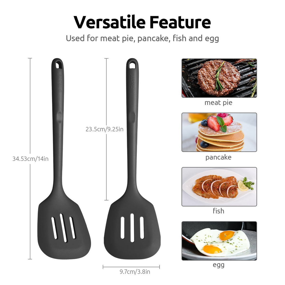 600°F Heat Resistant Slotted Turner: U-Taste 13.6in Silicone Kitchen Spatula Flipper, 3.85in Wide BPA Free Flexible Thin Rubber Cooking Utensil for Egg, Pancake, Cookie in Nonstick Cookware (Black)