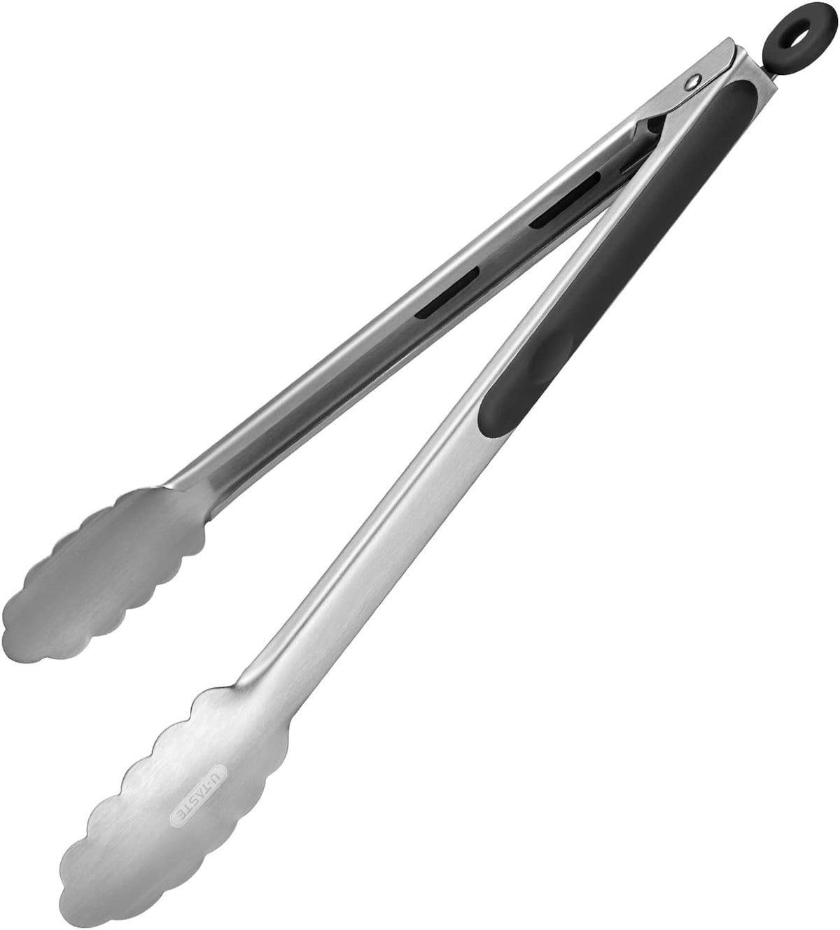 U-Taste 18/8 Stainless Steel Kitchen Tong for Cooking, Long Large Metal Tong for Serving Food Grilling BBQ, Non Slip Silicone Handle, 12in, Black