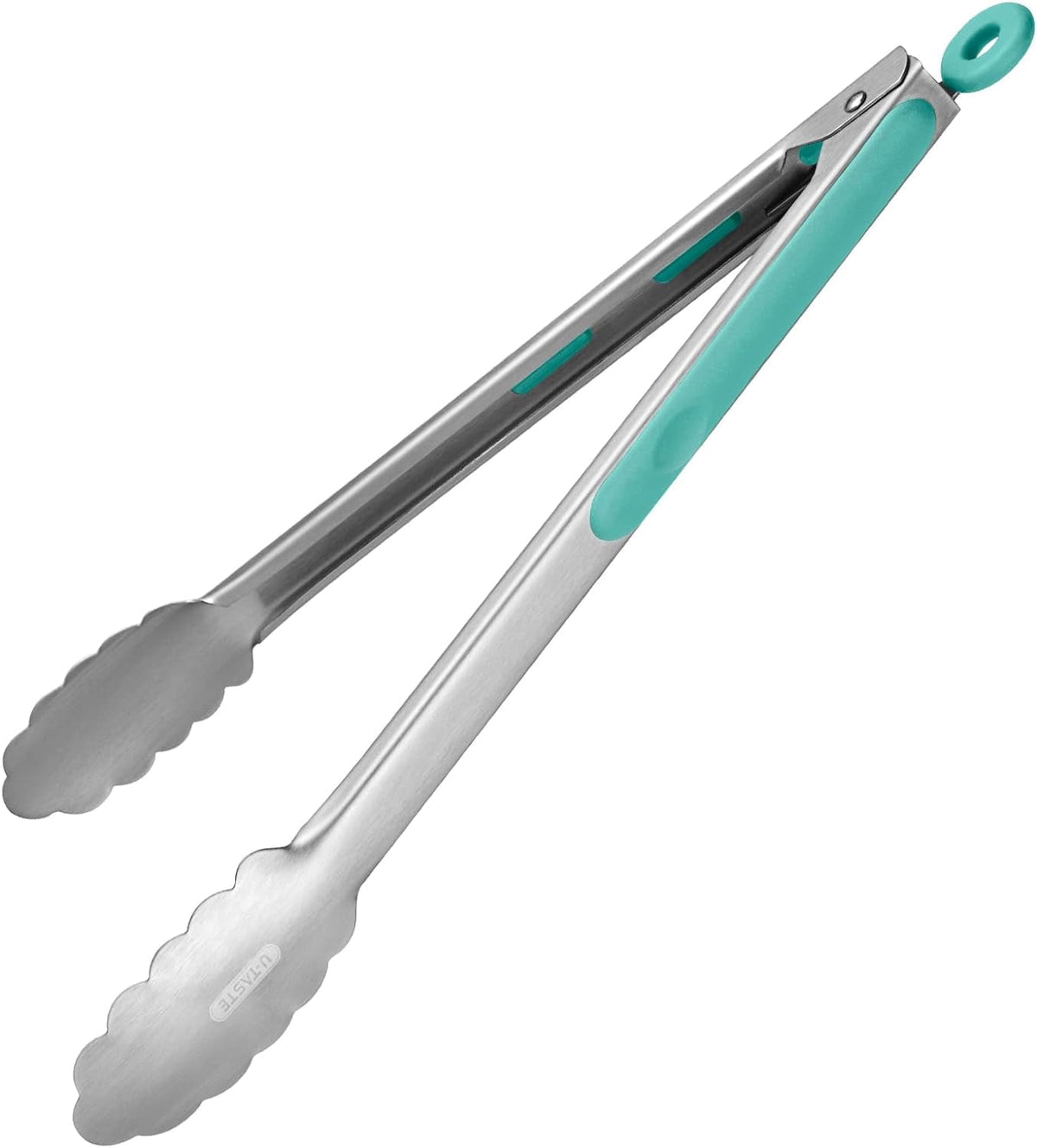 U-Taste 18/8 Stainless Steel Kitchen Tong for Cooking, Long Large Metal Tong for Serving Food Grilling BBQ, Non Slip Silicone Handle, 12in, Aqua Sky