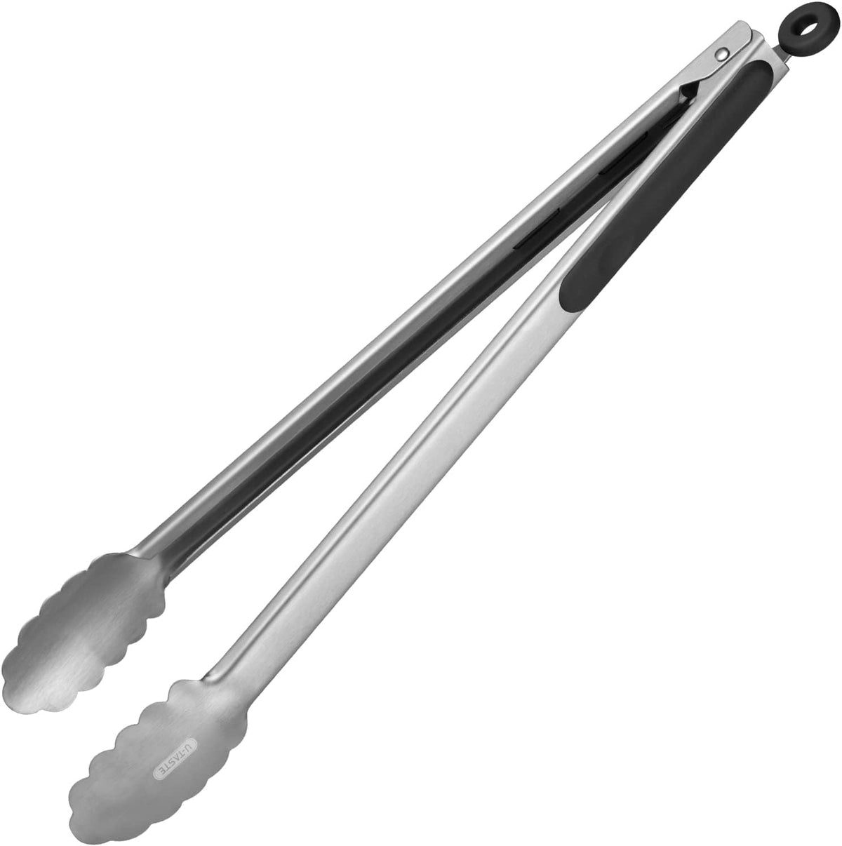 U-Taste 18/8 Stainless Steel Kitchen Tong for Cooking, Extra Long Large Food Tong for Outdoor BBQ Grilling, Non Slip Silicone Handle, 16in, Black