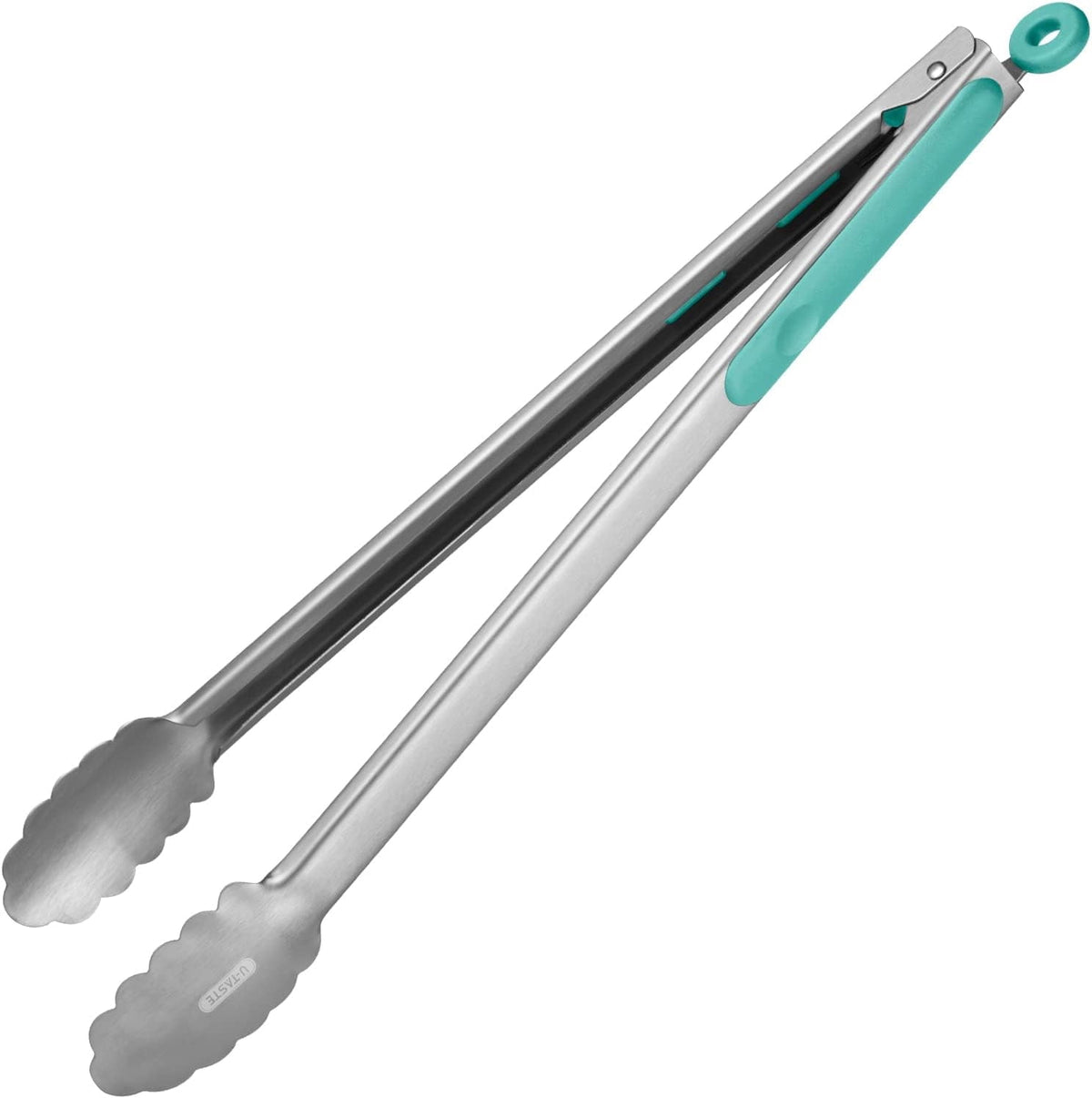 U-Taste 18/8 Stainless Steel Kitchen Tong for Cooking, Extra Long Large Food Tong for Outdoor BBQ Grilling, Non Slip Silicone Handle, 16in, Aqua Sky