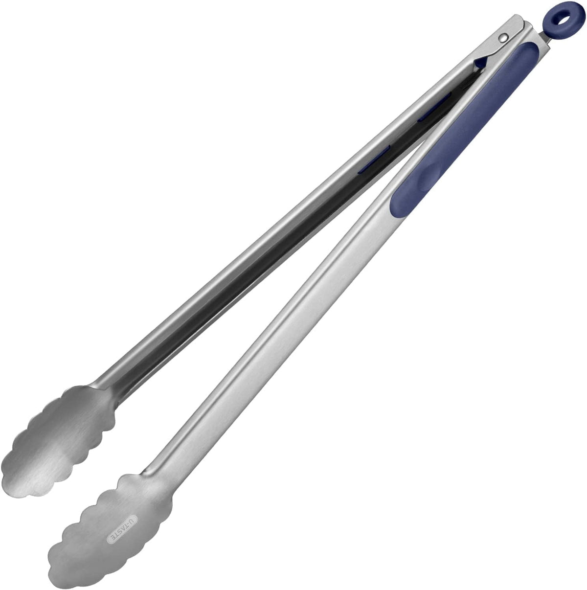U-Taste 18/8 Stainless Steel Kitchen Tong for Cooking, Extra Long Large Food Tong for Outdoor BBQ Grilling, Non Slip Silicone Handle, 16in, Blue