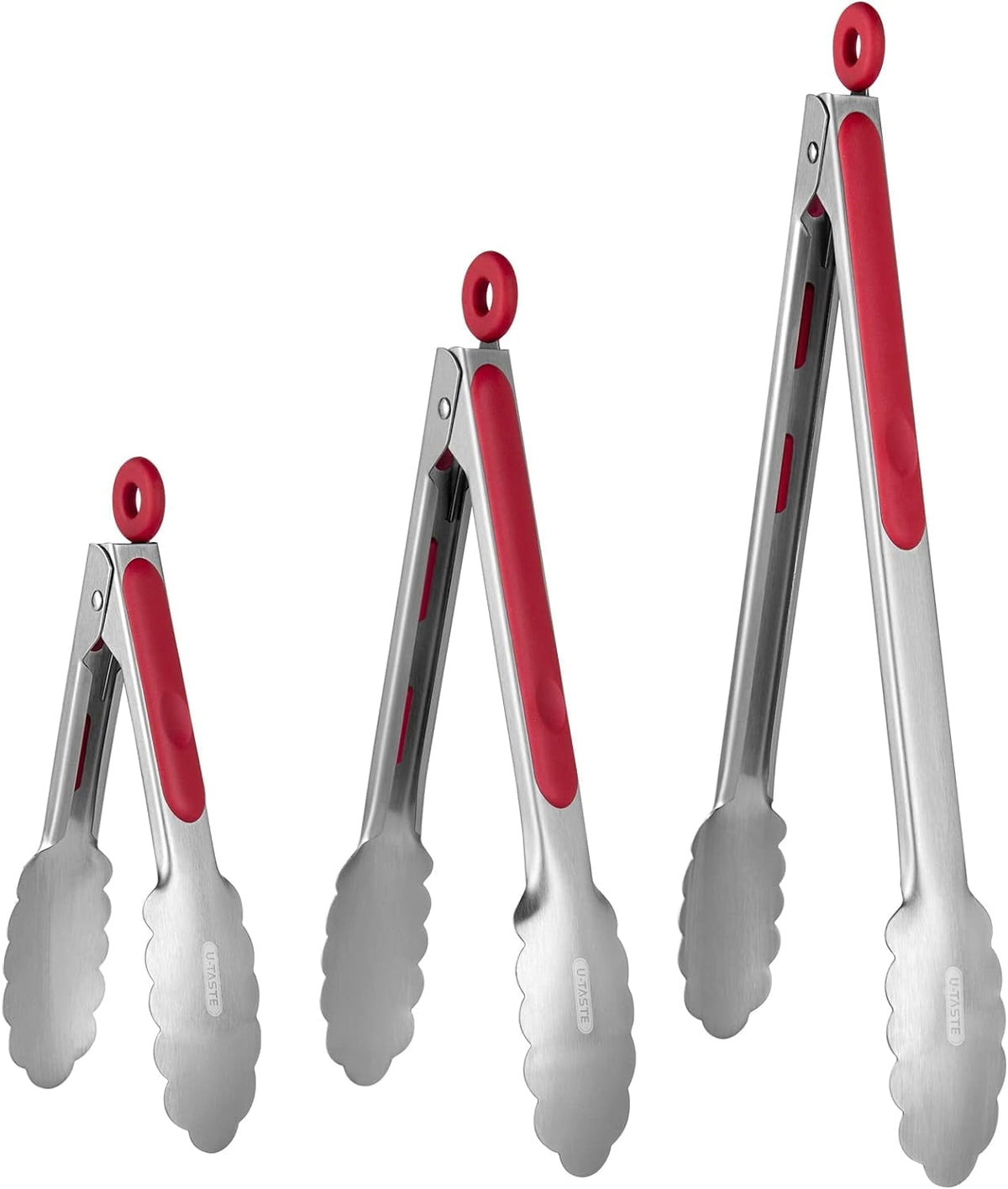 U-Taste 18/8 Stainless Steel Kitchen Tong for Cooking, Metal Tong Utensils Set for Food Serving, Rubber Salad/Grill/BBQ Tongs, 7/9/12in, Red
