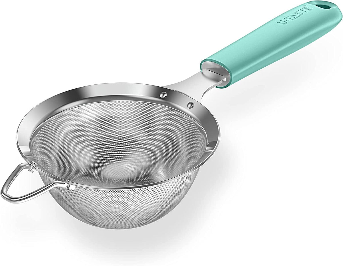 U-Taste 18/8 Stainless Steel Mesh Strainer, 30 Mesh Fine Sieve Food Strainer, Kitchen Colander for Straining Quinoa/Flour/Pasta/Fruit, 3.9in, Aqua Sky