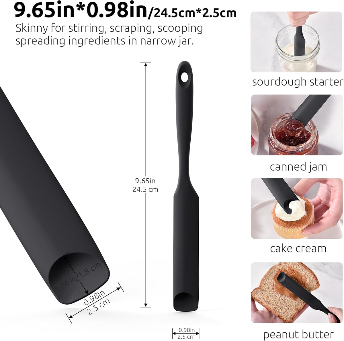 U-Taste Silicone Jar Scraper Spatula for Sourdough Starter: Long Skinny Food-Grade Jam Spreader, Sturdy Stirring Stick with Flexible Spoon Tip, Black