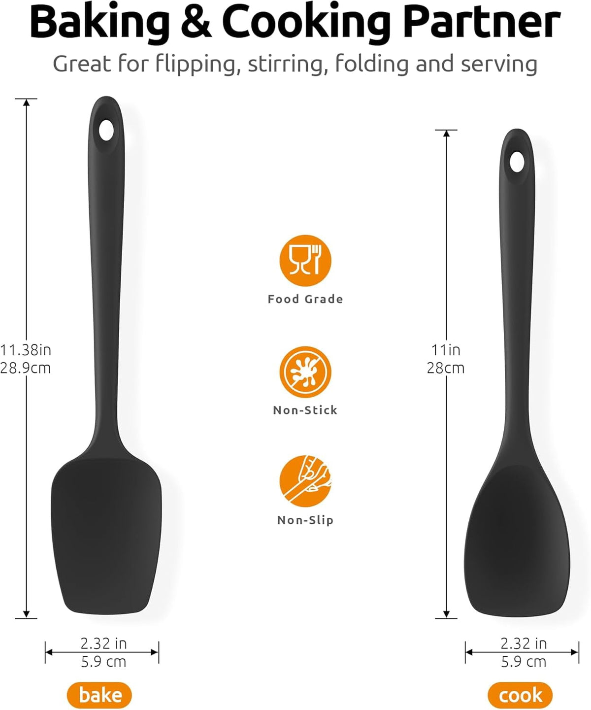 U-Taste 600ºF Heat Resistant Silicone Cooking Spoons Set, Baking Spoon Spatula & Cooking Scoop Spoonula, Kitchen Utensils for Serving Scooping, Black