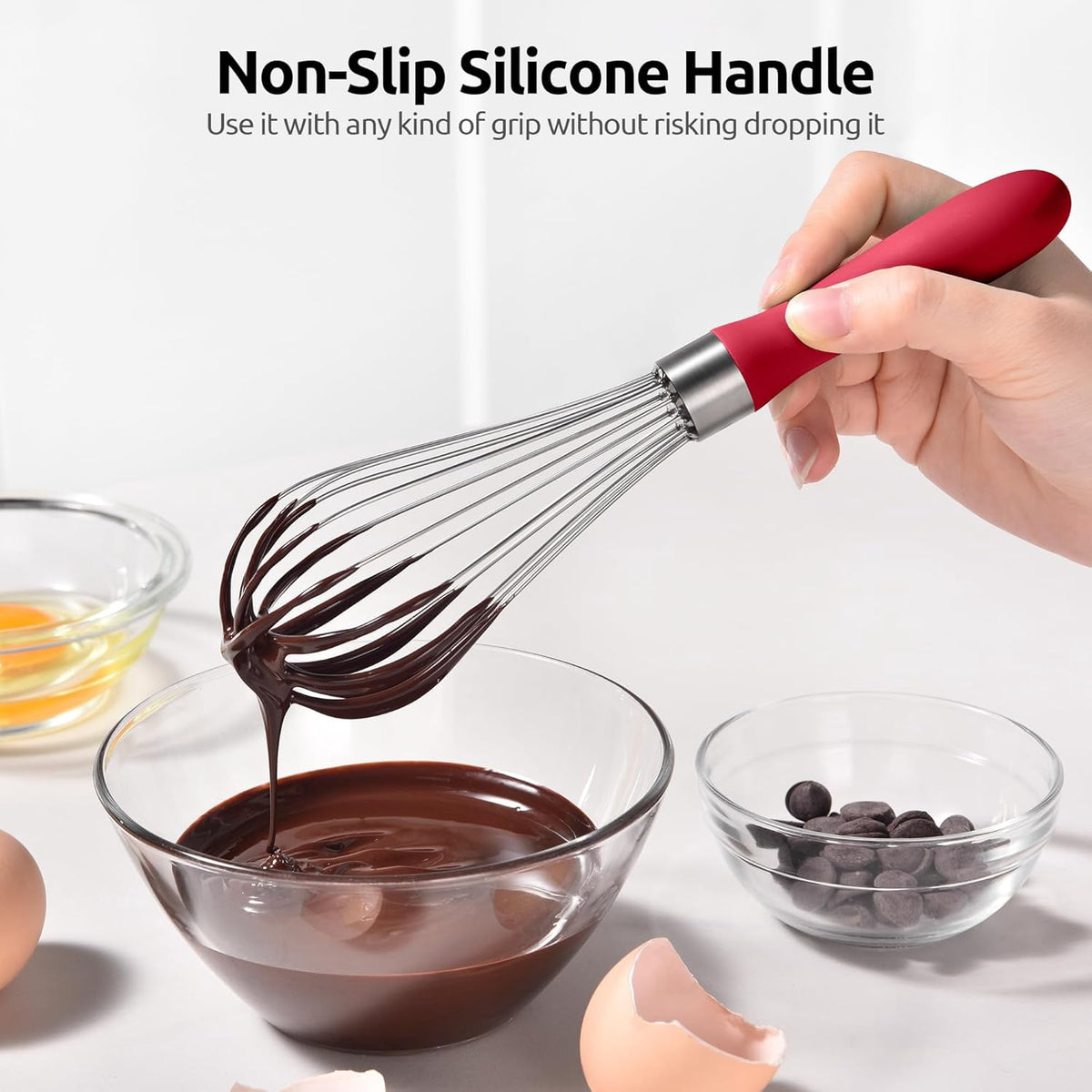 U-Taste Kitchen Wire Whisk for Cooking, 18/10 Stainless Steel Egg Beater with 6 Wires, Baking Tool for Whisking Mixing Stirring, Small, Red