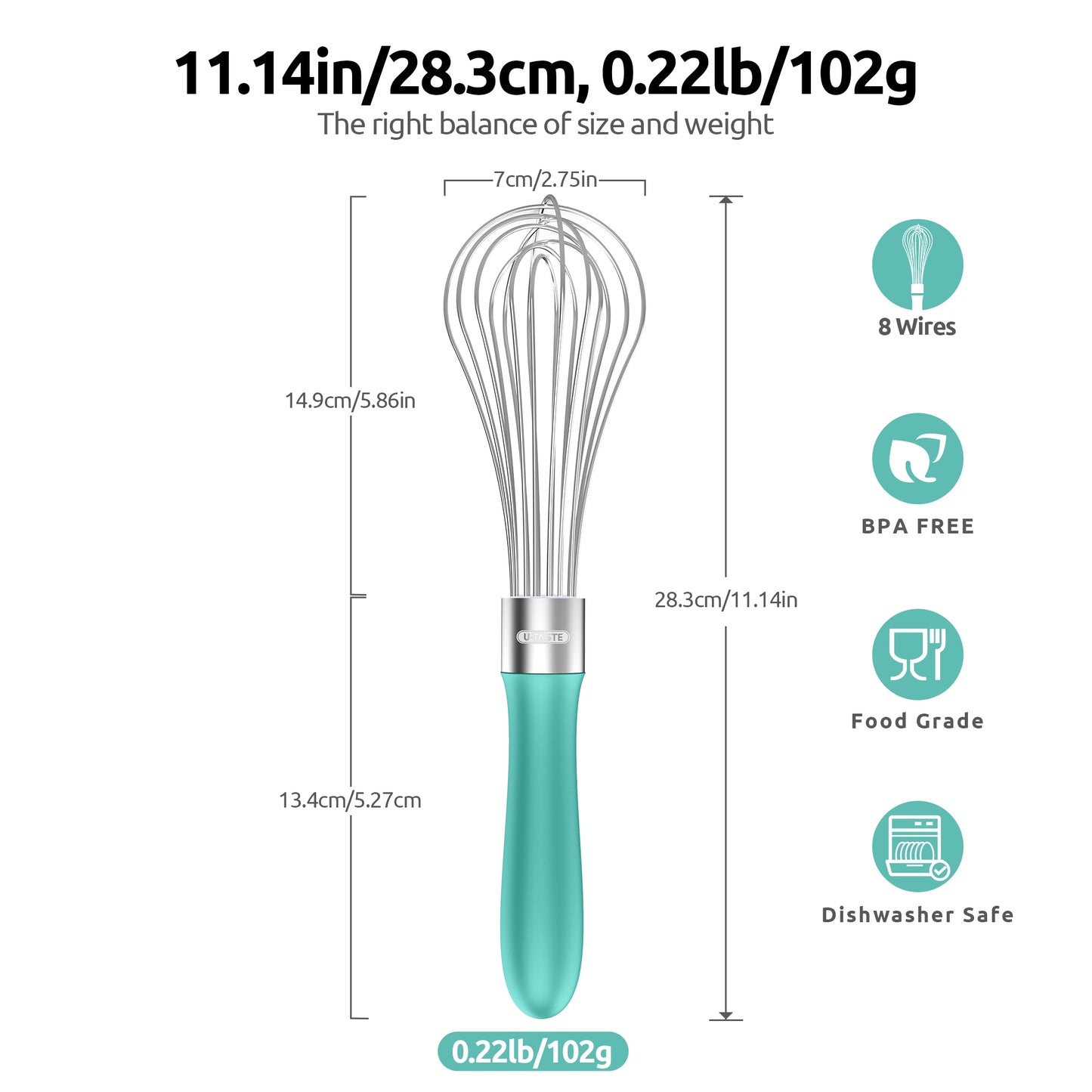 U-Taste Balloon Whisk for Cooking: 18/10 Stainless Steel Kitchen Wire Whisk, Medium Heavy Duty Egg Beater, Manual Baking Mixing Tool with 8 High Flex Wires for Stirring, Blending Sauce