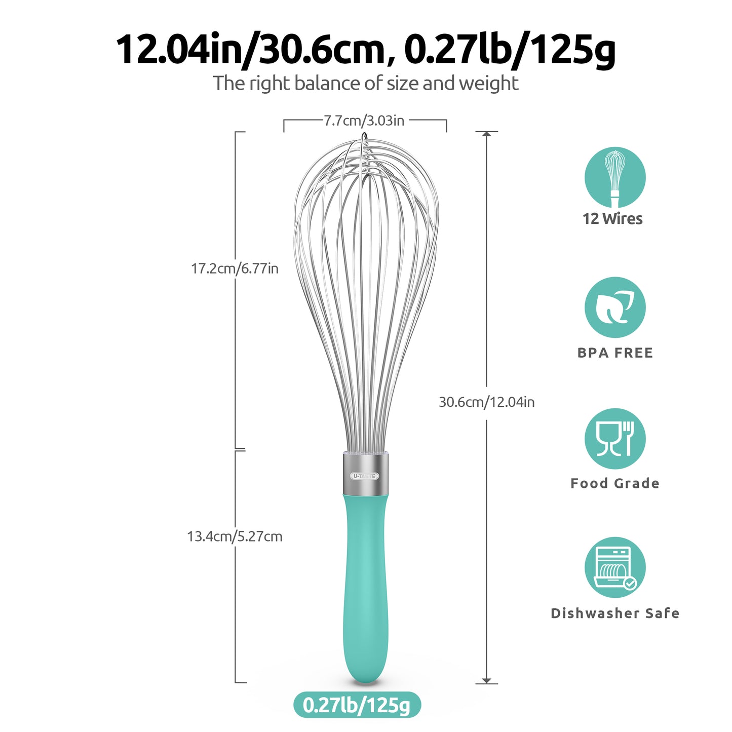 U-Taste Balloon Whisk for Cooking: 18/10 Stainless Steel Kitchen Wire Whisk, Medium Heavy Duty Egg Beater, Manual Baking Mixing Tool with 8 High Flex Wires for Stirring, Blending Sauce