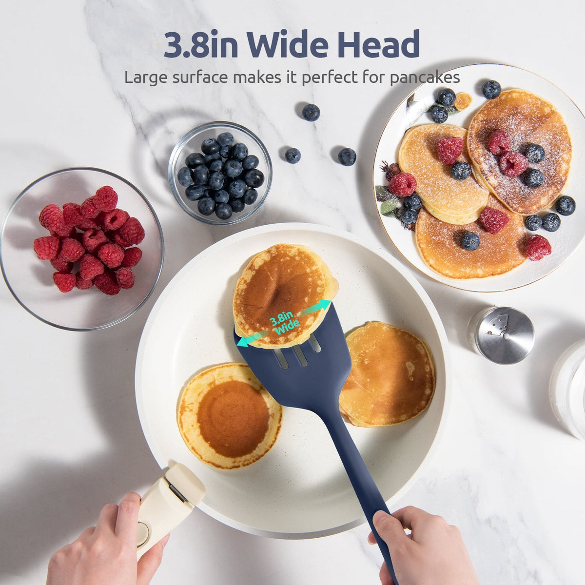 600°F Heat Resistant Slotted Turner: U-Taste 13.6in Silicone Kitchen Spatula Flipper, 3.85in Wide BPA Free Flexible Thin Rubber Cooking Utensil for Egg, Pancake in Nonstick Cookware (Midnight Blue)